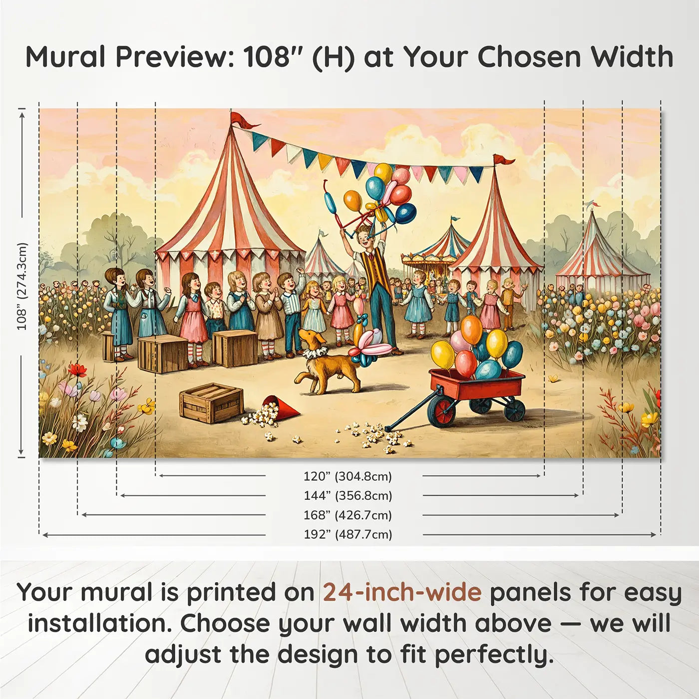 Panel layout and dimensions for Circus Balloon Artist Wallpaper Mural by Whimsy Tots