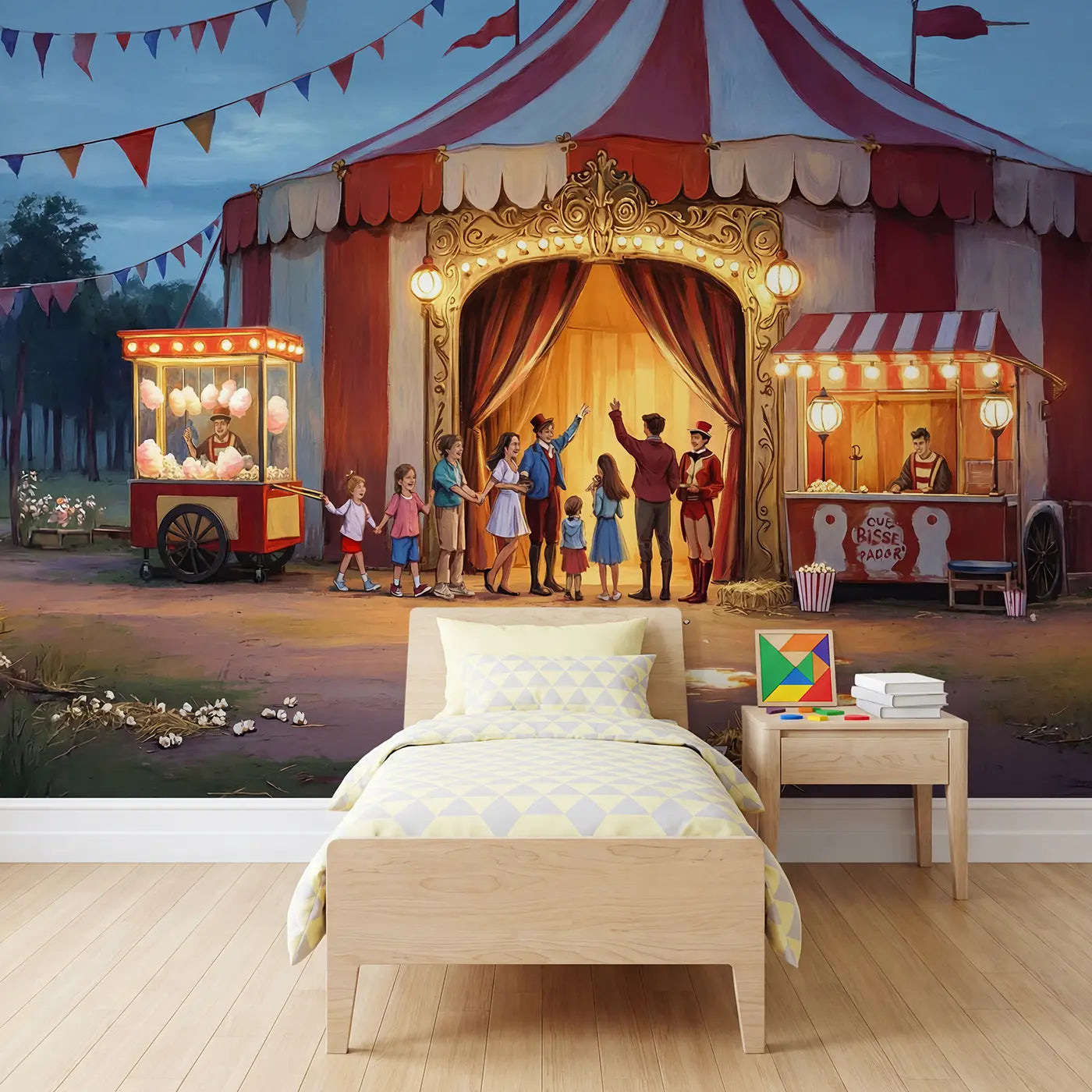 pastel circus ticket booth carnival wallpaper mural for kids room by Whimsy Tots