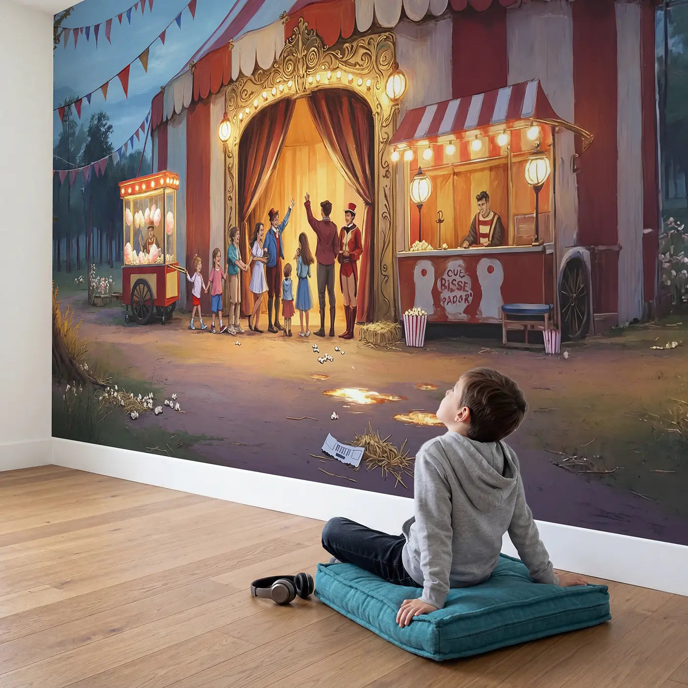 Child in nursery with Circus Ticket Booth Queue Wallpaper Mural by Whimsy Tots