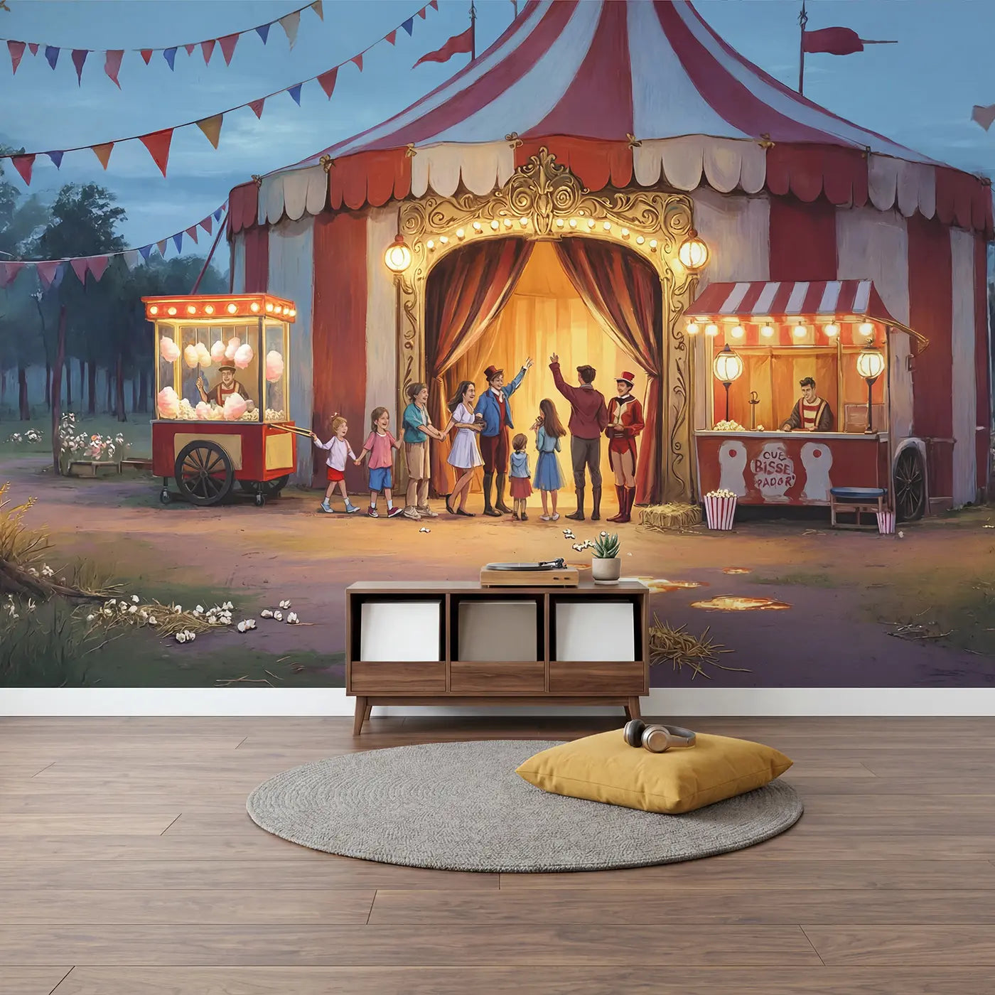 Circus Ticket Booth Queue Wallpaper Mural in playroom setting by Whimsy Tots