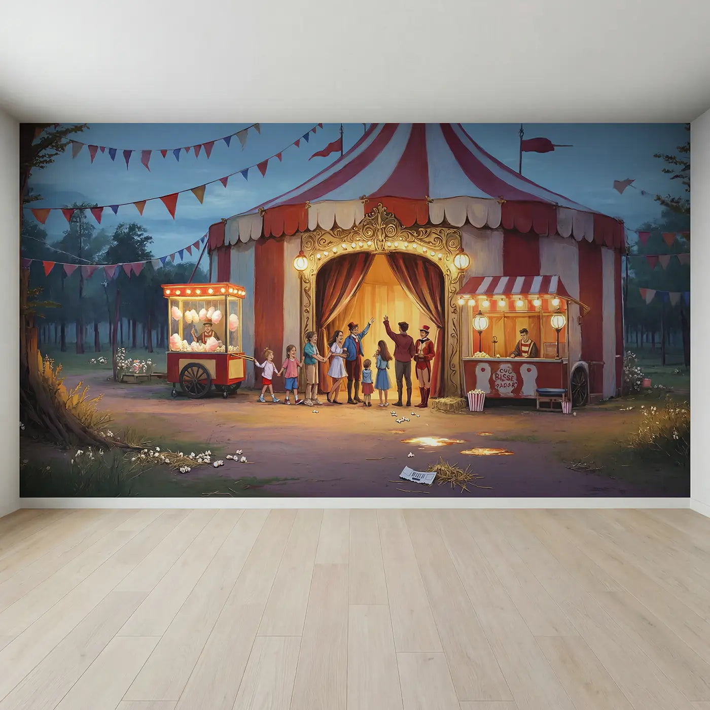 Full view of Circus Ticket Booth Queue Wallpaper Mural by Whimsy Tots