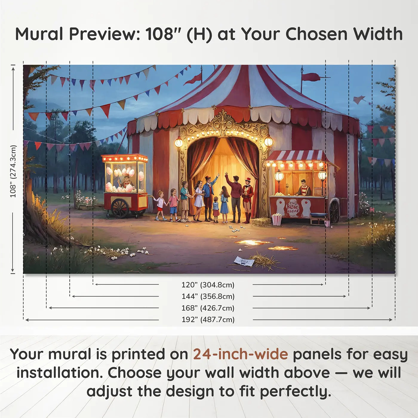 Panel layout and dimensions for Circus Ticket Booth Queue Wallpaper Mural by Whimsy Tots