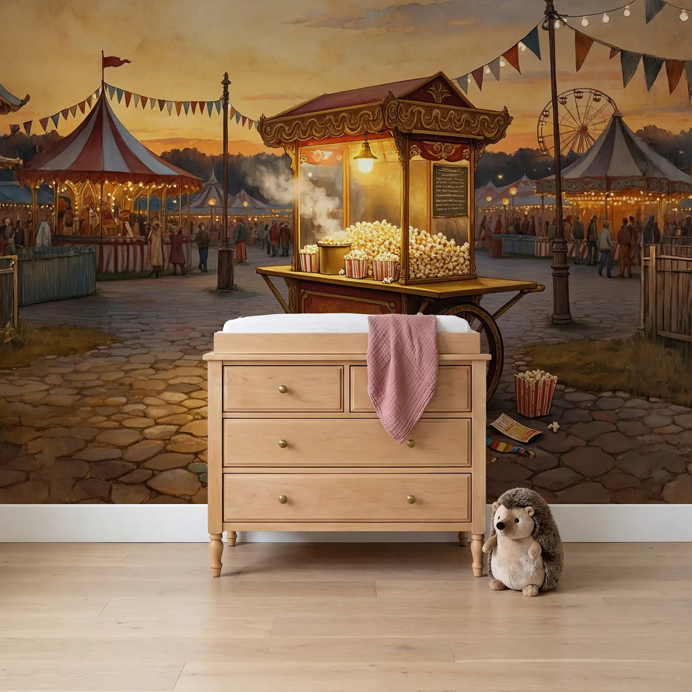 Storybook carnival popcorn cart ferris wheel wallpaper mural for girls room by Whimsy Tots
