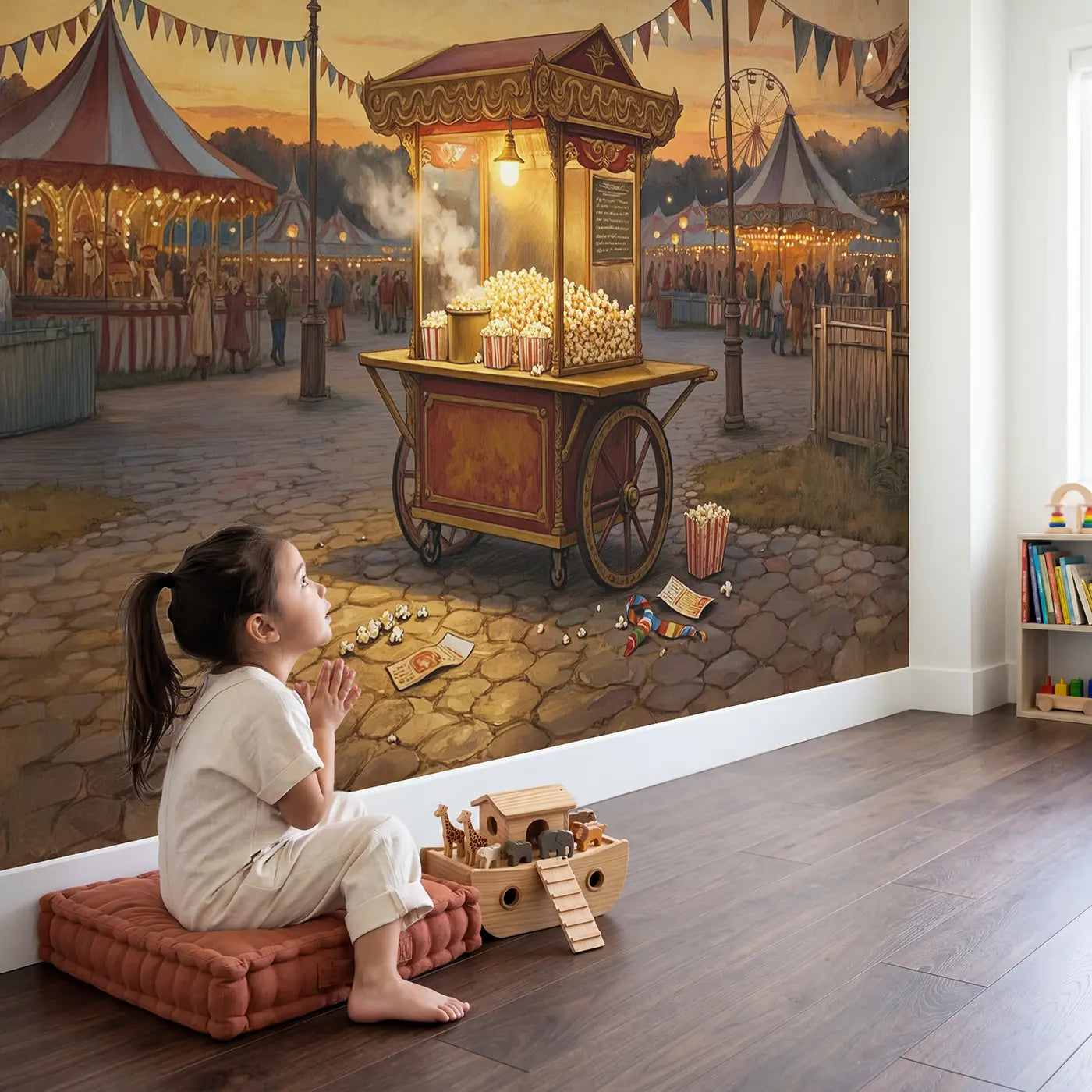 Child in nursery with Carnival Popcorn Cart Wallpaper Mural by Whimsy Tots