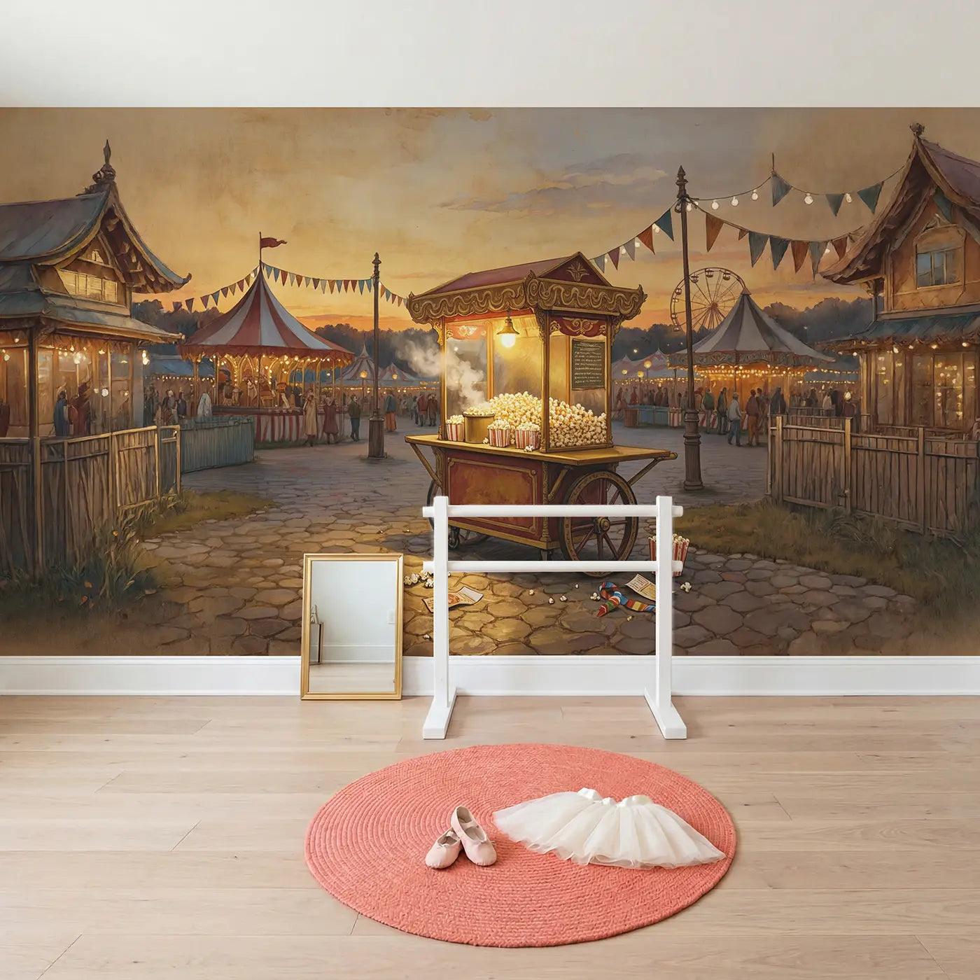 Carnival Popcorn Cart Wallpaper Mural in playroom setting by Whimsy Tots
