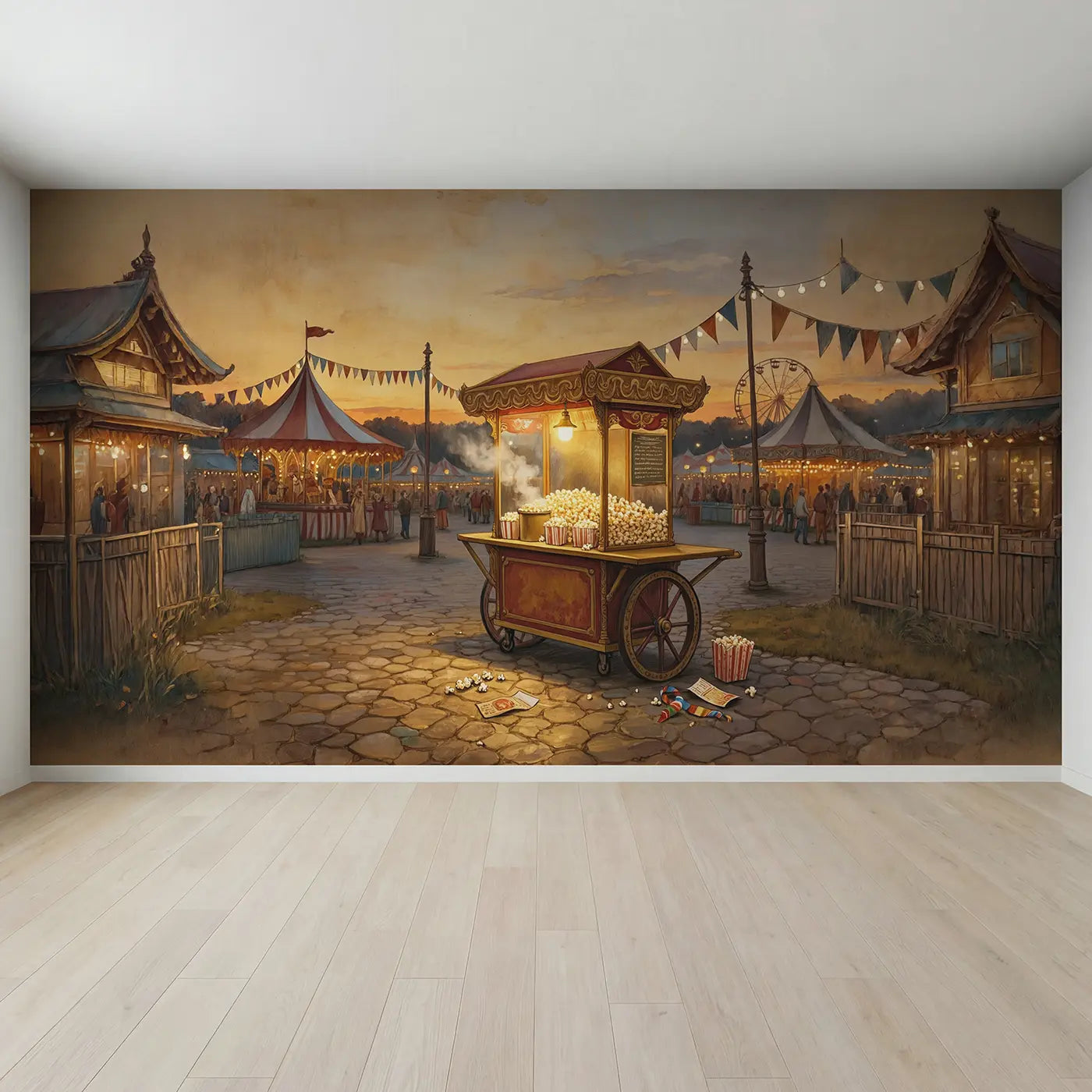 Full view of Carnival Popcorn Cart Wallpaper Mural by Whimsy Tots