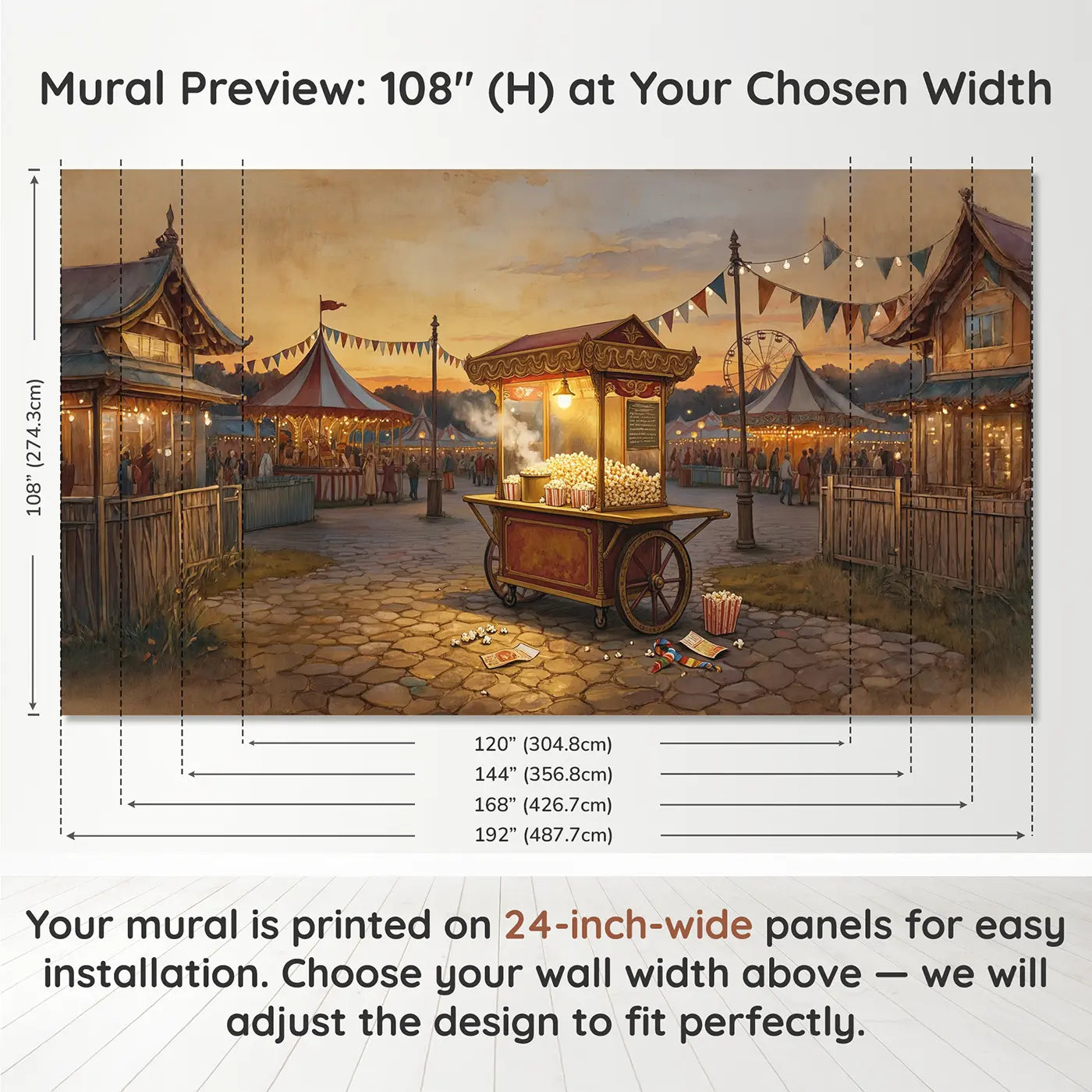 Panel layout and dimensions for Carnival Popcorn Cart Wallpaper Mural by Whimsy Tots