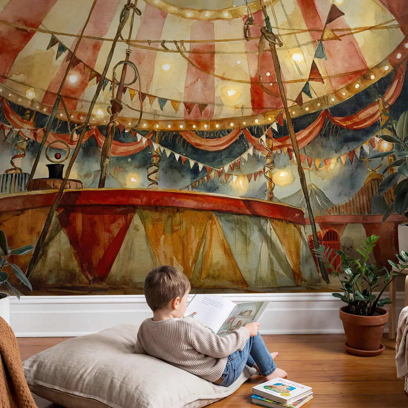 Child in nursery with Inside the Big Top Wallpaper Mural by Whimsy Tots