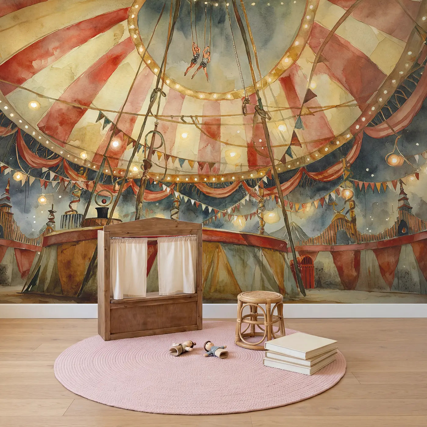 Inside the Big Top Wallpaper Mural in playroom setting by Whimsy Tots