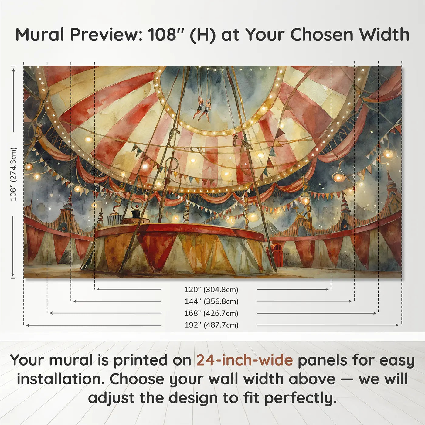 Panel layout and dimensions for Inside the Big Top Wallpaper Mural by Whimsy Tots