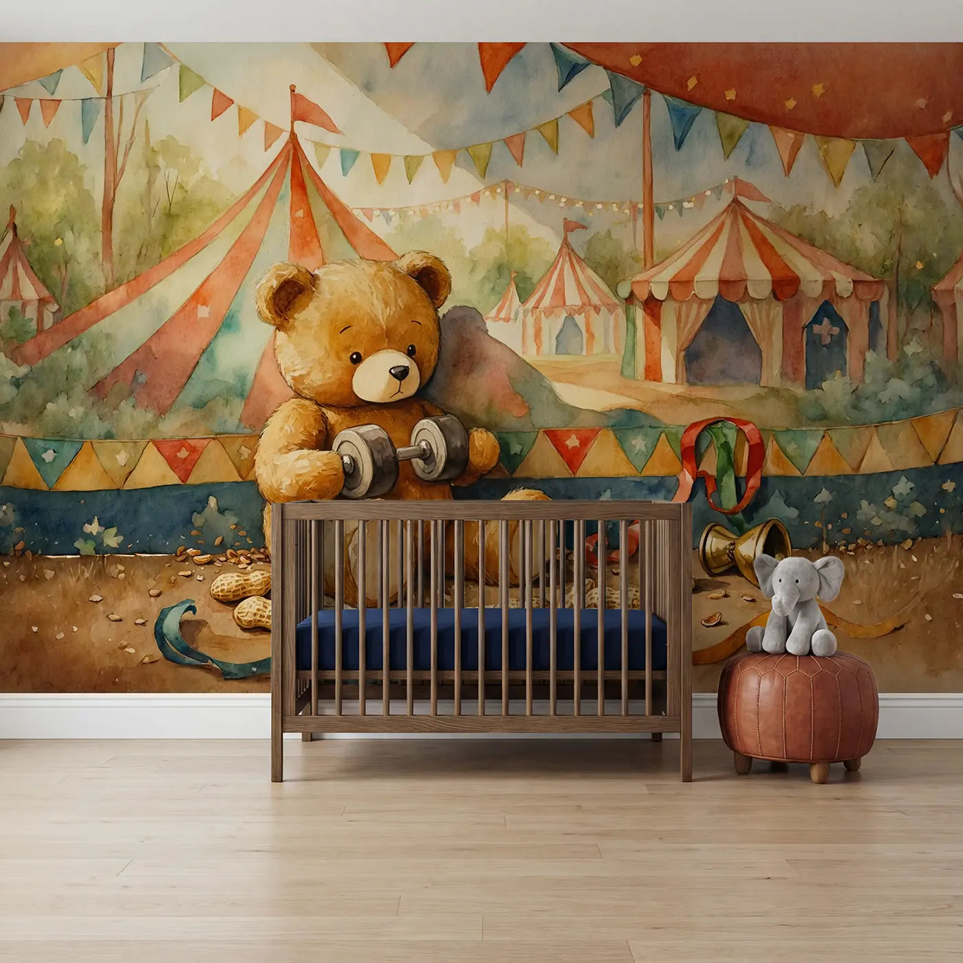 watercolor teddy bear strongman circus wallpaper mural for kids room by Whimsy Tots