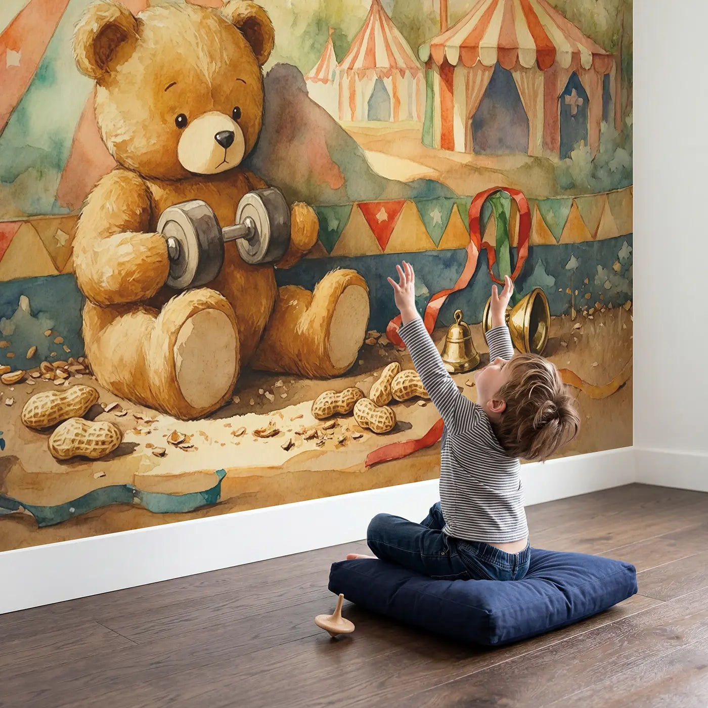 Child in nursery with Strongman Teddy Bear Lifting Wallpaper Mural by Whimsy Tots
