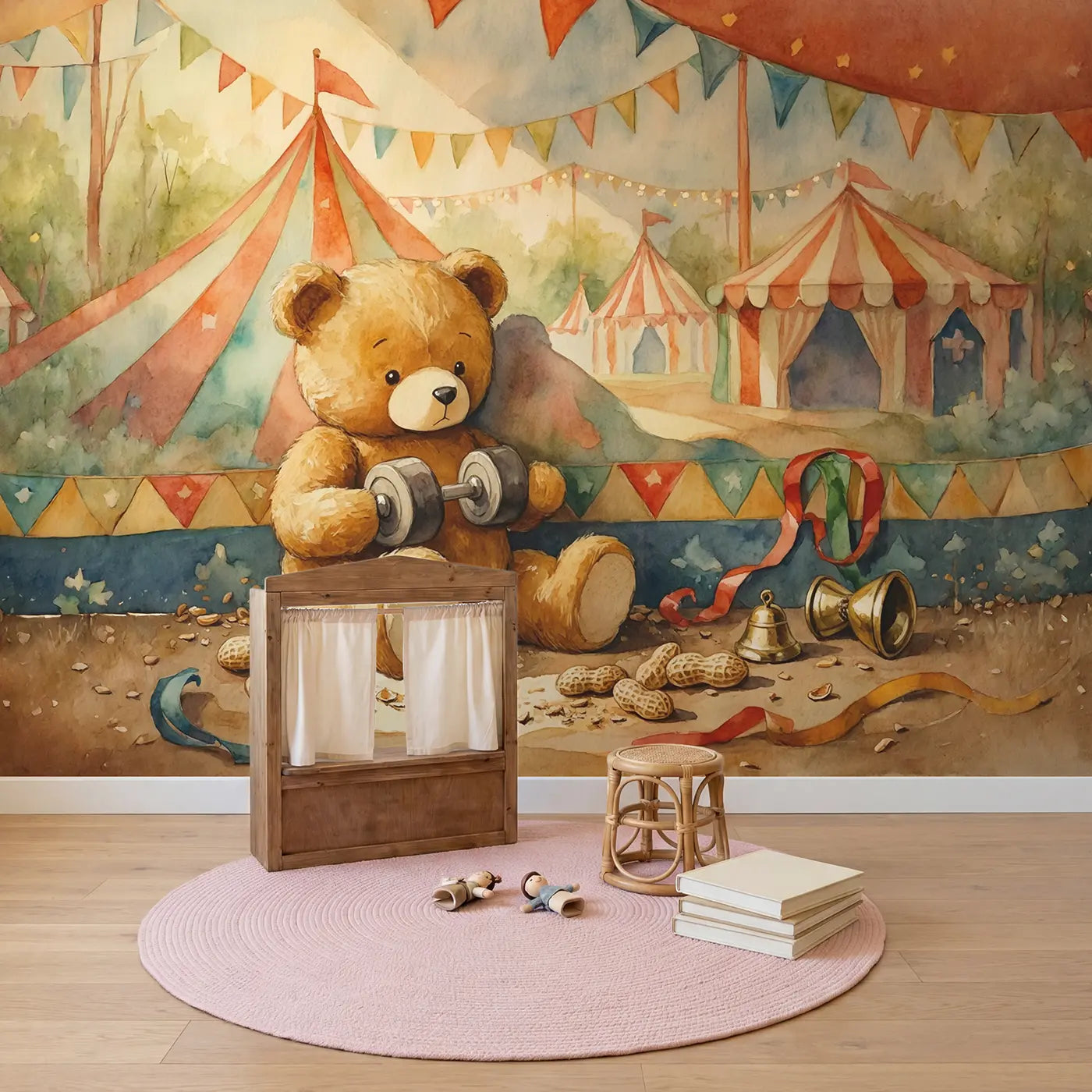 Strongman Teddy Bear Lifting Wallpaper Mural in playroom setting by Whimsy Tots