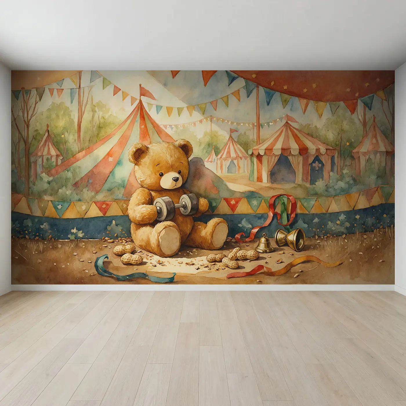 Full view of Strongman Teddy Bear Lifting Wallpaper Mural by Whimsy Tots