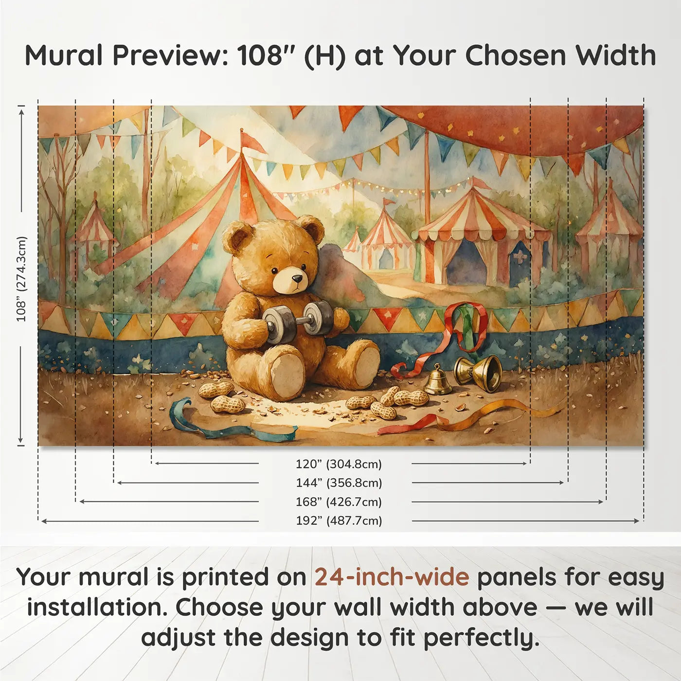 Panel layout and dimensions for Strongman Teddy Bear Lifting Wallpaper Mural by Whimsy Tots