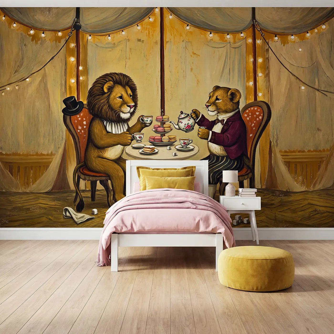 Painted Landscape lion tea party circus wallpaper mural for girls room by Whimsy Tots