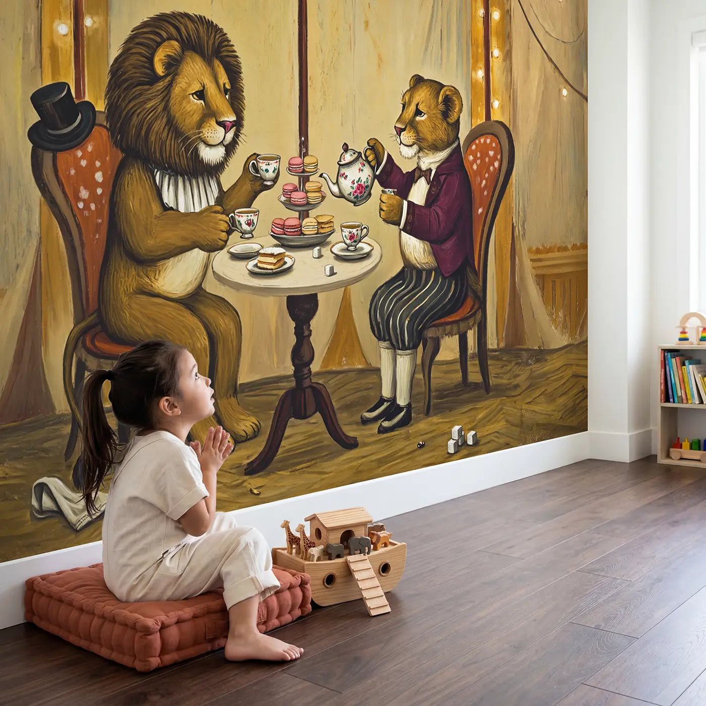 Child in nursery with Lion Tea Party Circus Wallpaper Mural by Whimsy Tots