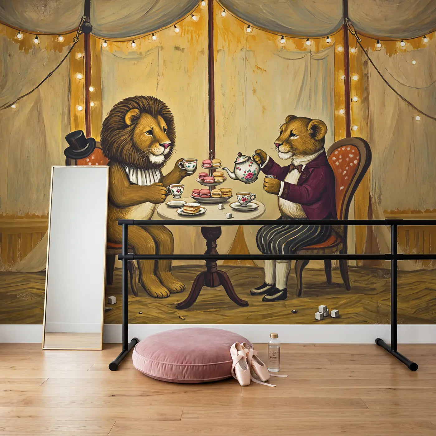 Lion Tea Party Circus Wallpaper Mural in playroom setting by Whimsy Tots