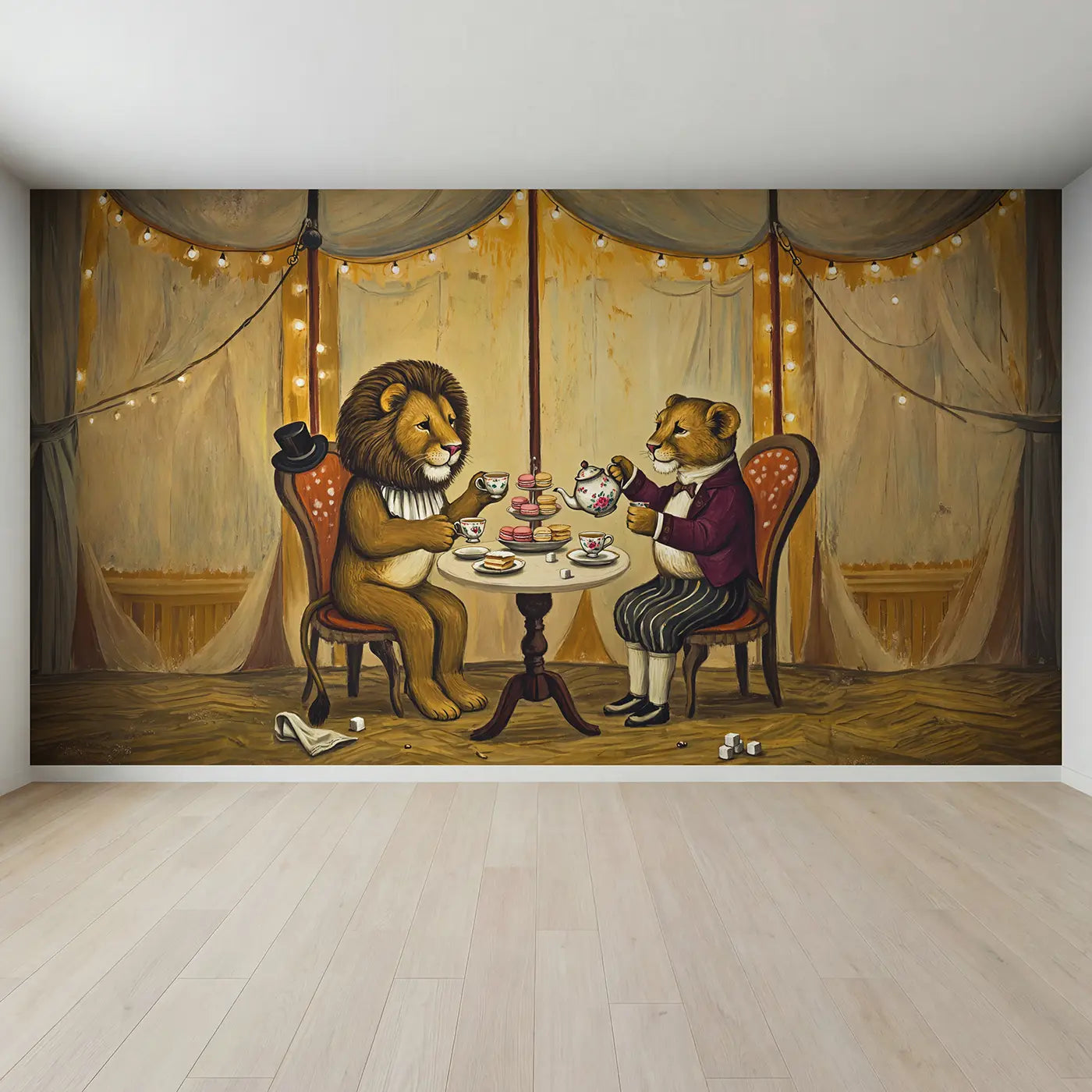 Full view of Lion Tea Party Circus Wallpaper Mural by Whimsy Tots