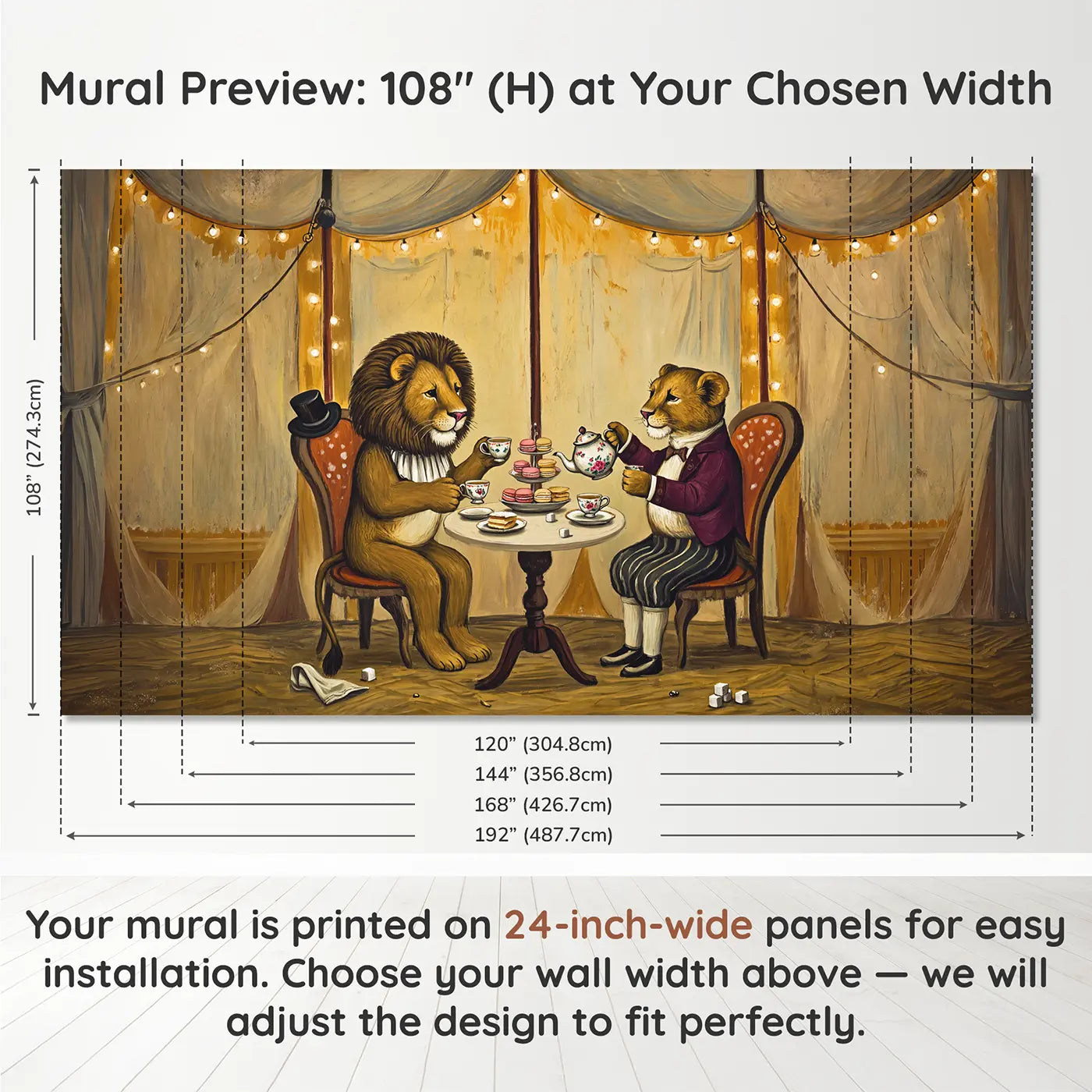 Panel layout and dimensions for Lion Tea Party Circus Wallpaper Mural by Whimsy Tots