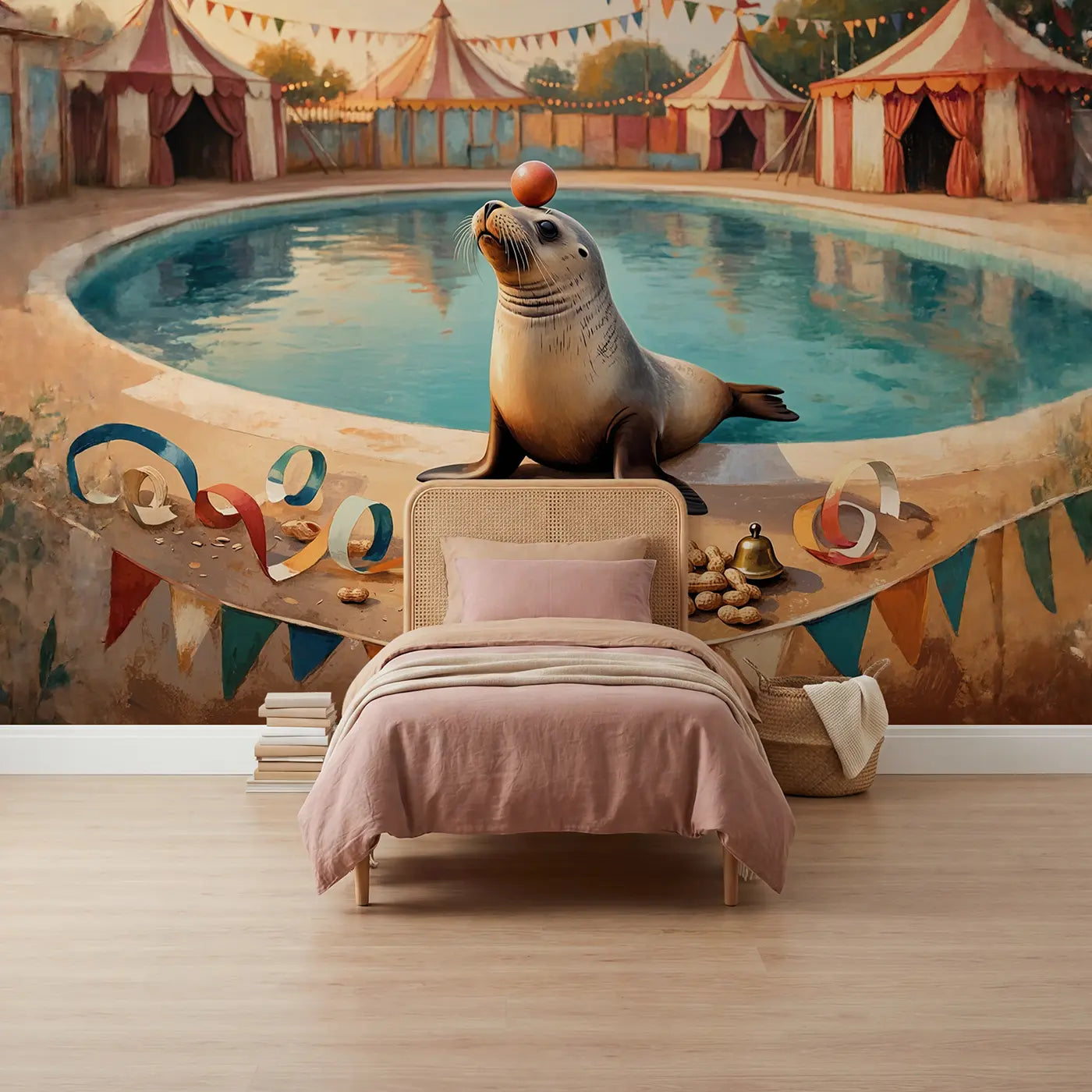Soft pastel circus seal ball vintage wallpaper mural for girls room by Whimsy Tots