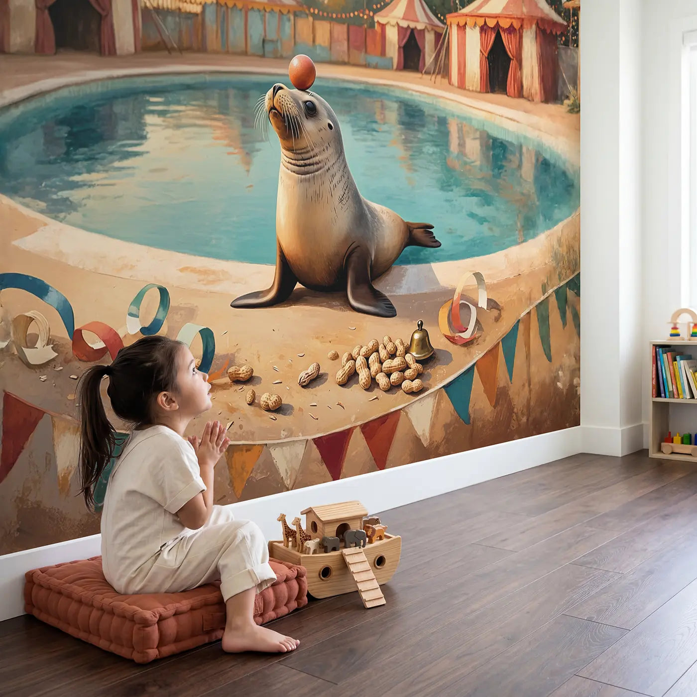 Child in nursery with Seal Balancing Ball Nose Wallpaper Mural by Whimsy Tots