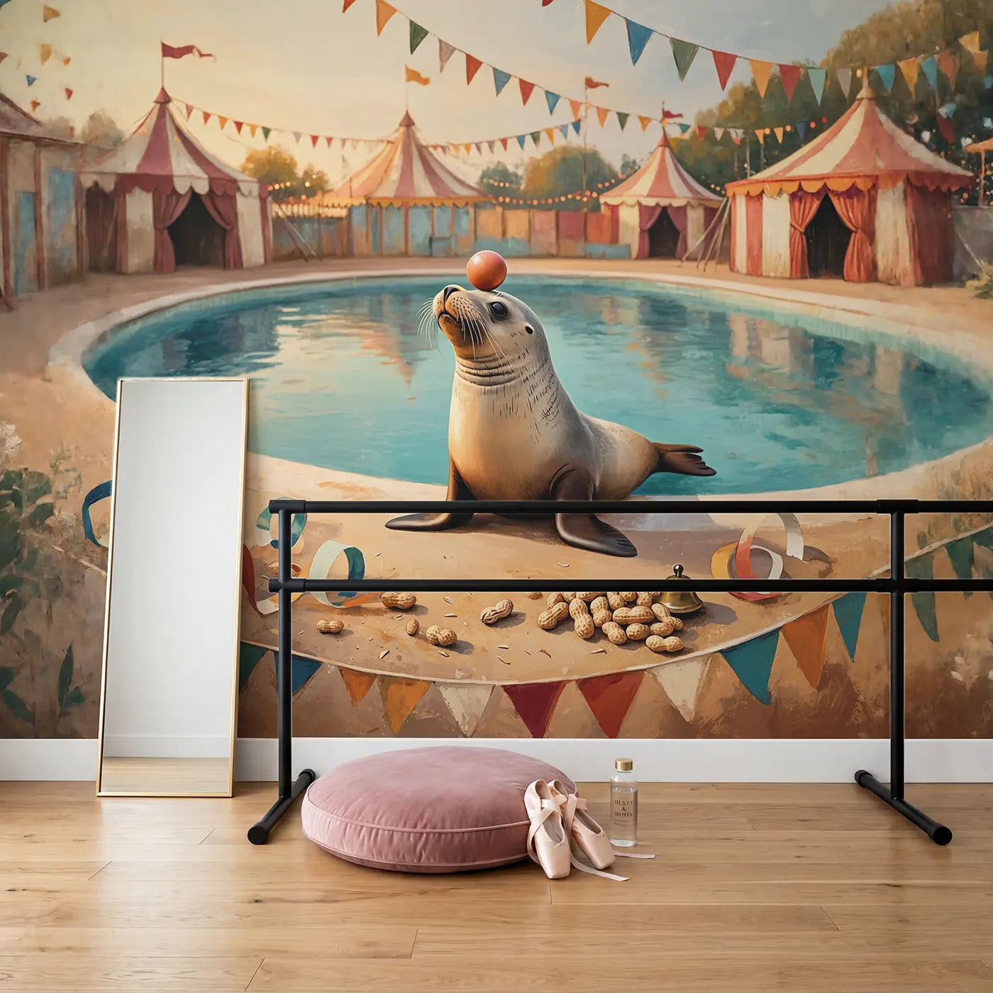 Seal Balancing Ball Nose Wallpaper Mural in playroom setting by Whimsy Tots