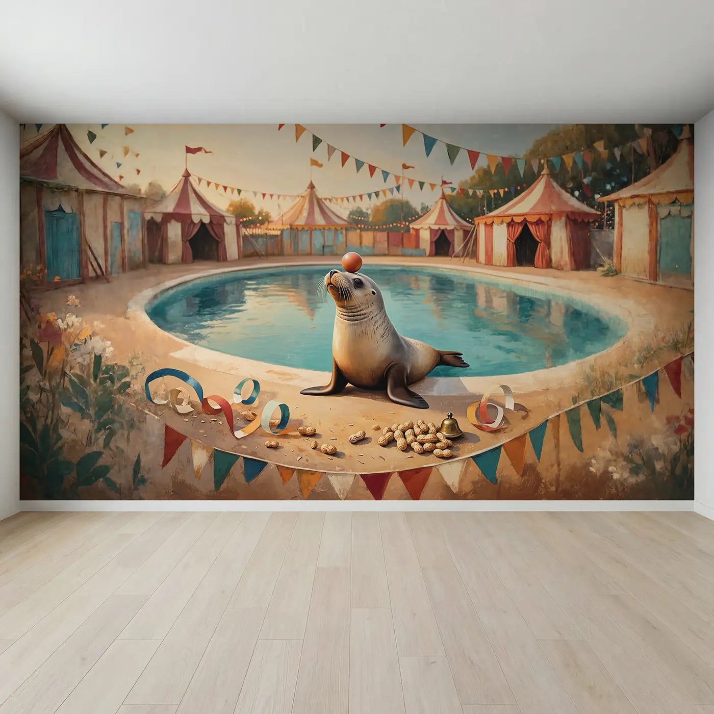 Full view of Seal Balancing Ball Nose Wallpaper Mural by Whimsy Tots