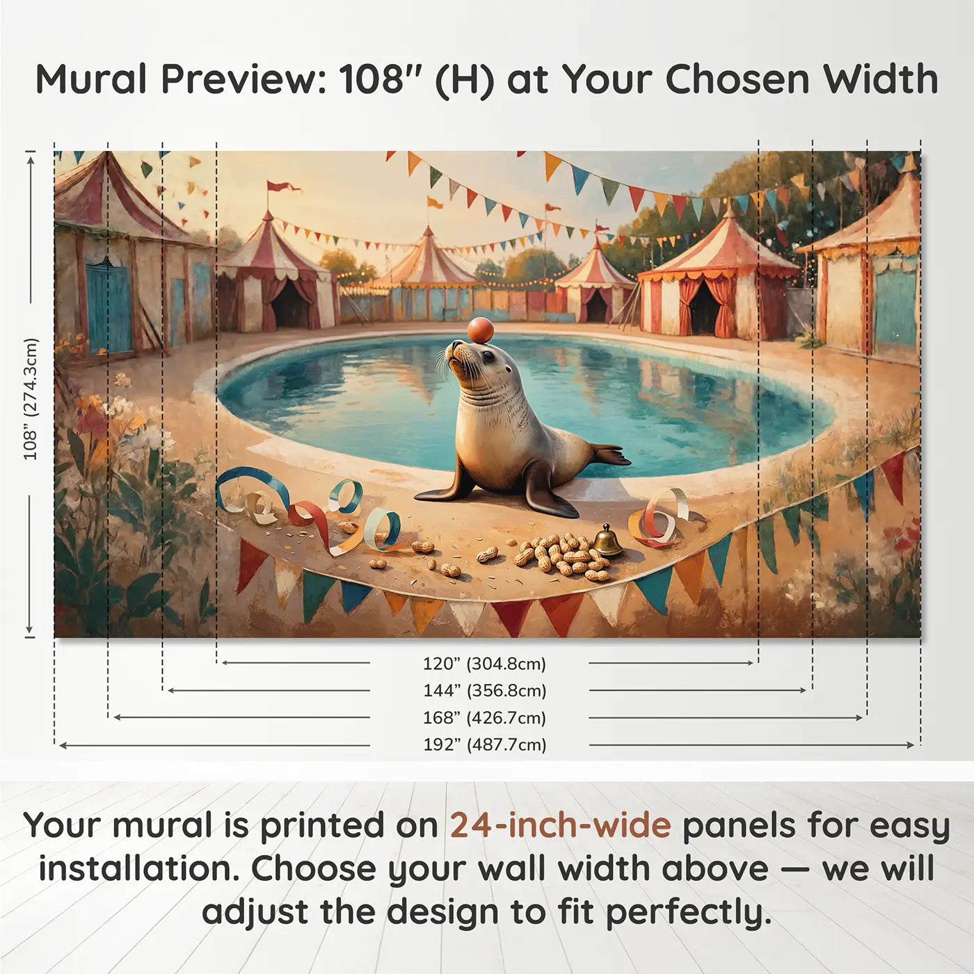 Panel layout and dimensions for Seal Balancing Ball Nose Wallpaper Mural by Whimsy Tots