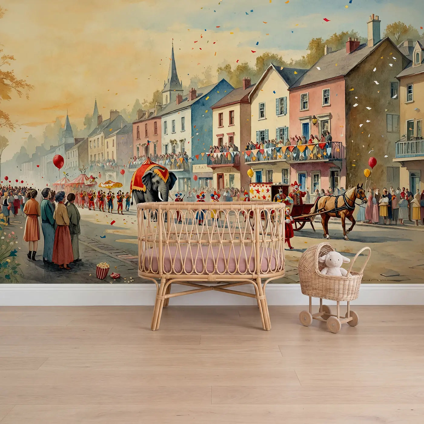 watercolor circus street parade wallpaper mural for girls room by Whimsy Tots