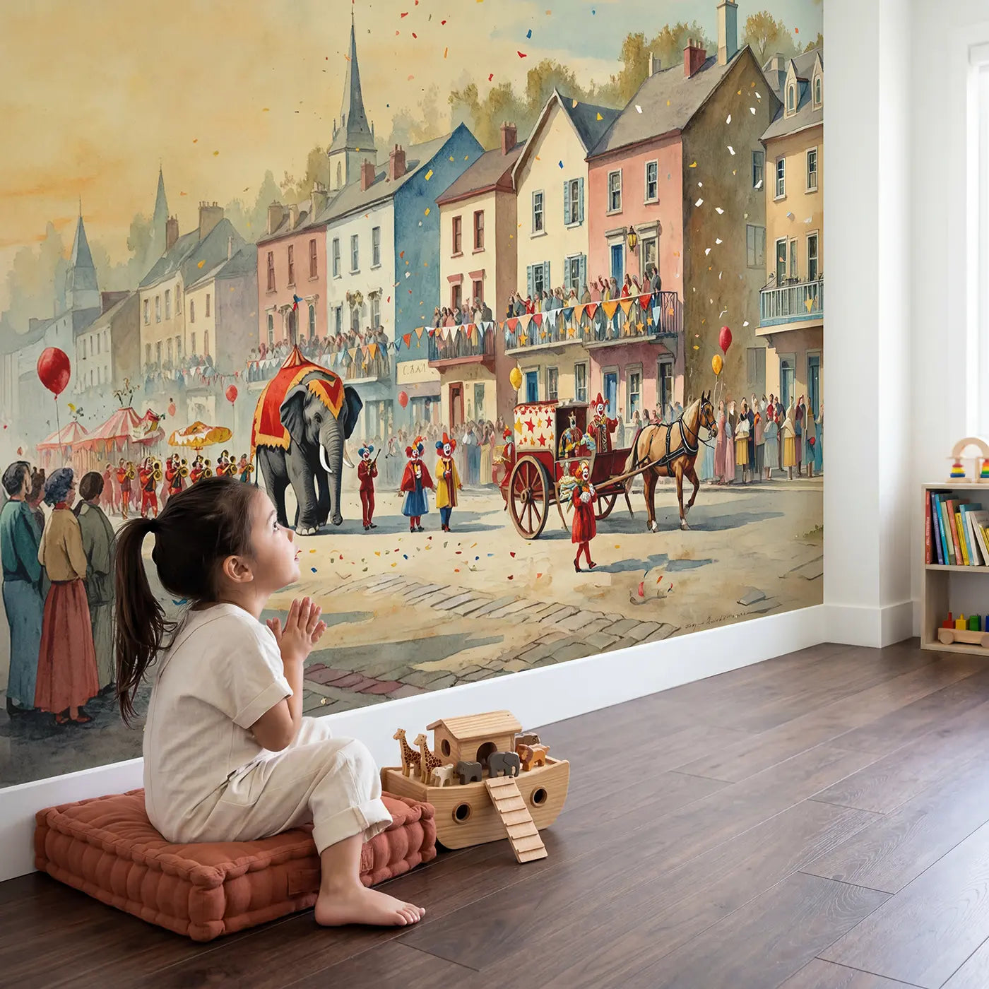 Child in nursery with Circus Street Parade Wallpaper Mural by Whimsy Tots