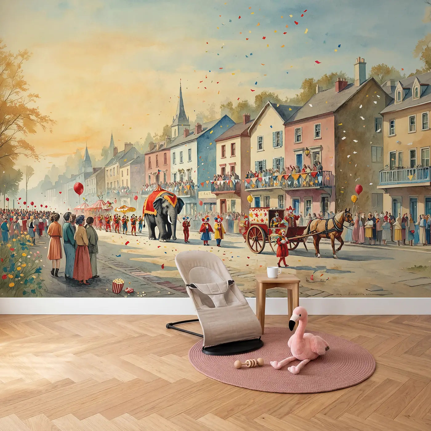 Circus Street Parade Wallpaper Mural in playroom setting by Whimsy Tots