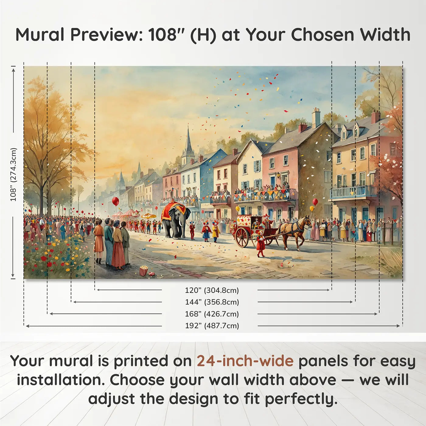 Panel layout and dimensions for Circus Street Parade Wallpaper Mural by Whimsy Tots