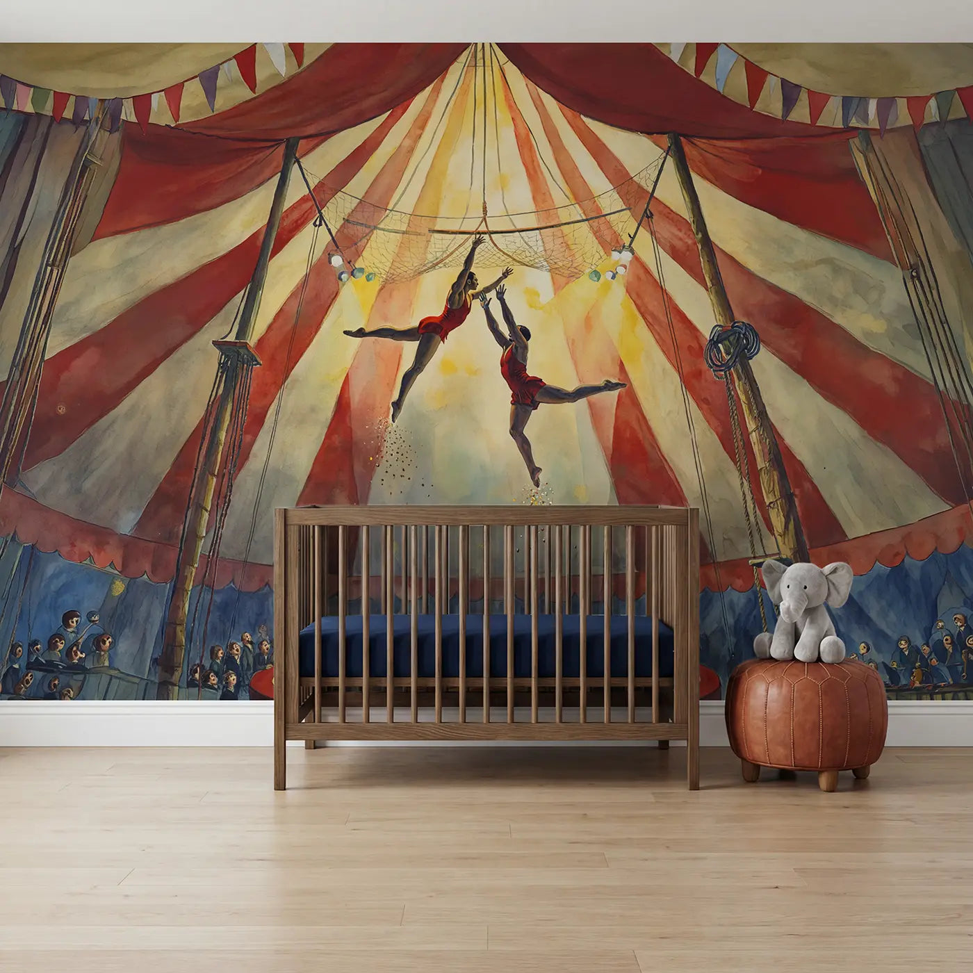 Watercolor trapeze acrobats circus tent wallpaper mural for kids room by Whimsy Tots