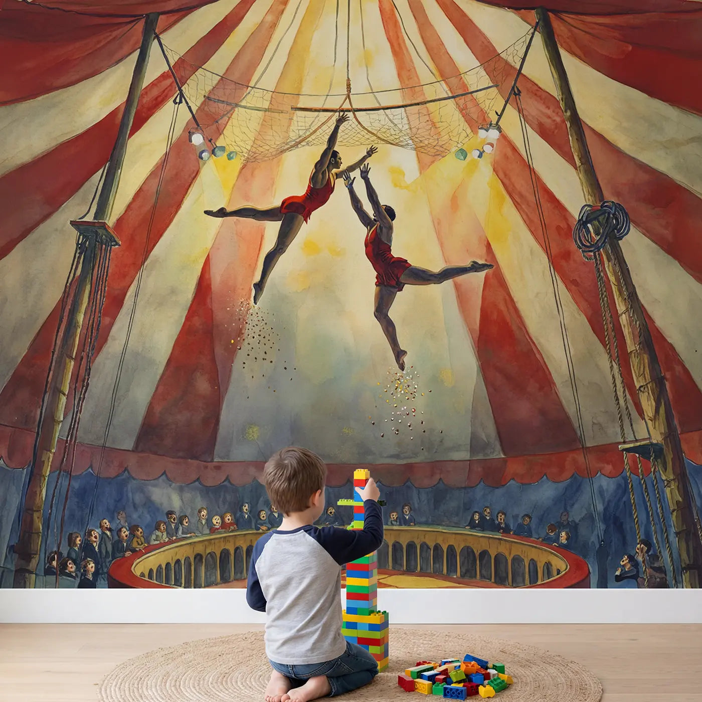 Child in nursery with Trapeze Acrobats Mid-Air Wallpaper Mural by Whimsy Tots