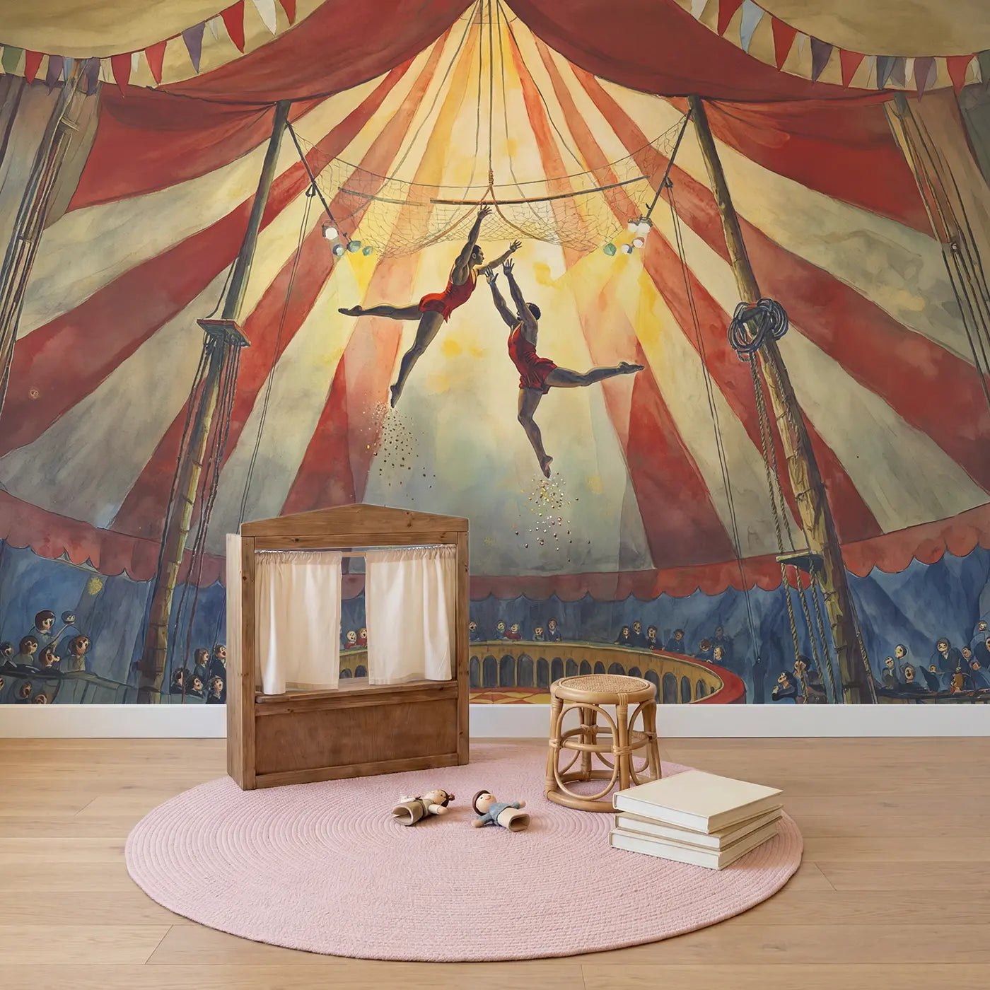 Trapeze Acrobats Mid-Air Wallpaper Mural in playroom setting by Whimsy Tots