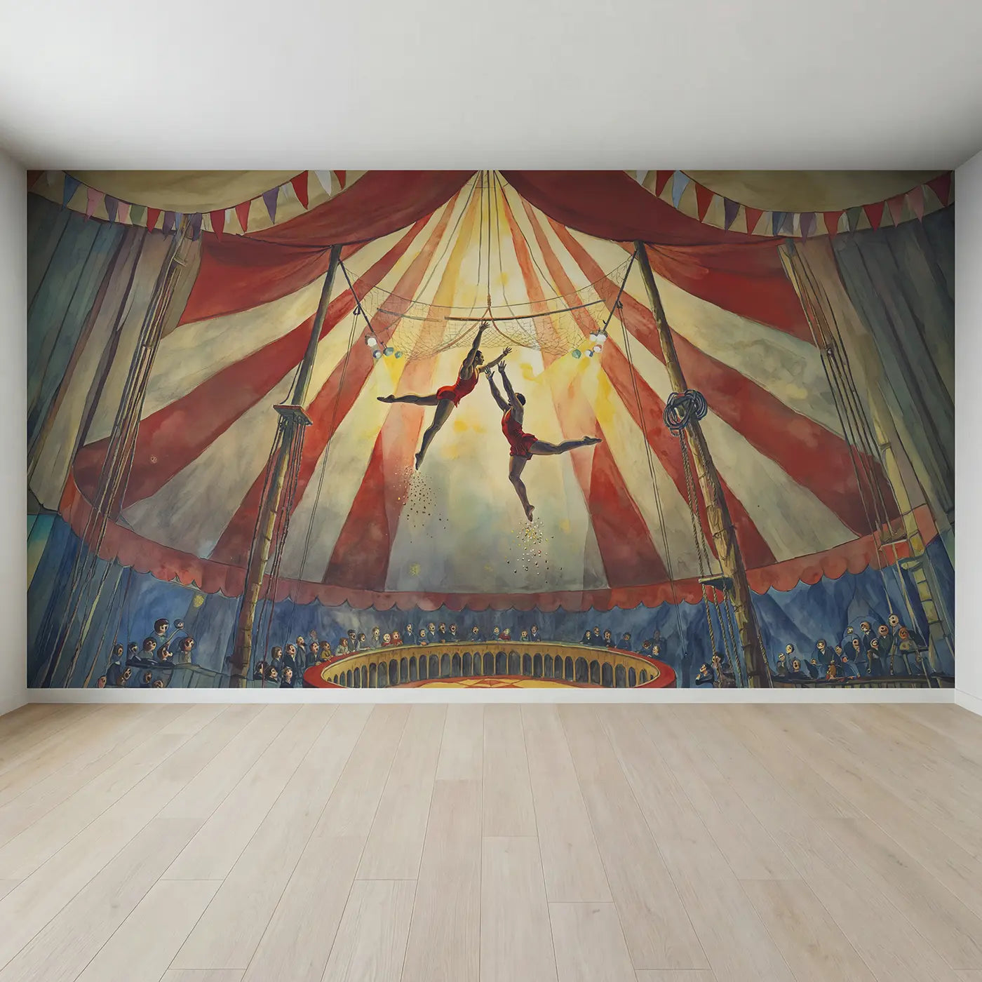 Full view of Trapeze Acrobats Mid-Air Wallpaper Mural by Whimsy Tots