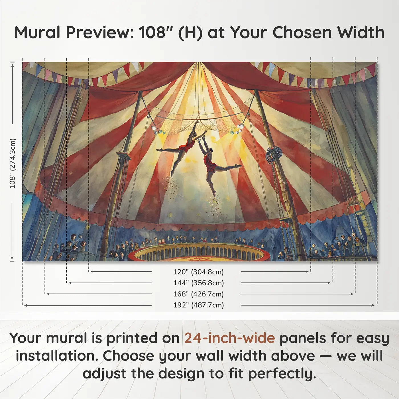 Panel layout and dimensions for Trapeze Acrobats Mid-Air Wallpaper Mural by Whimsy Tots