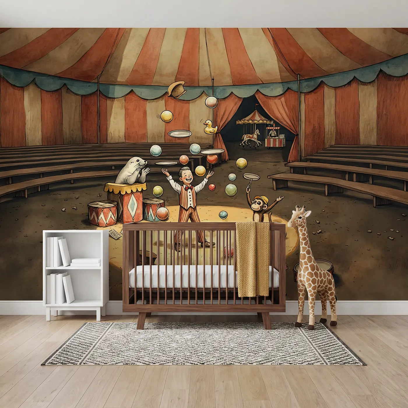 Storybook circus tent and popcorn carnival wallpaper mural for kids room by Whimsy Tots