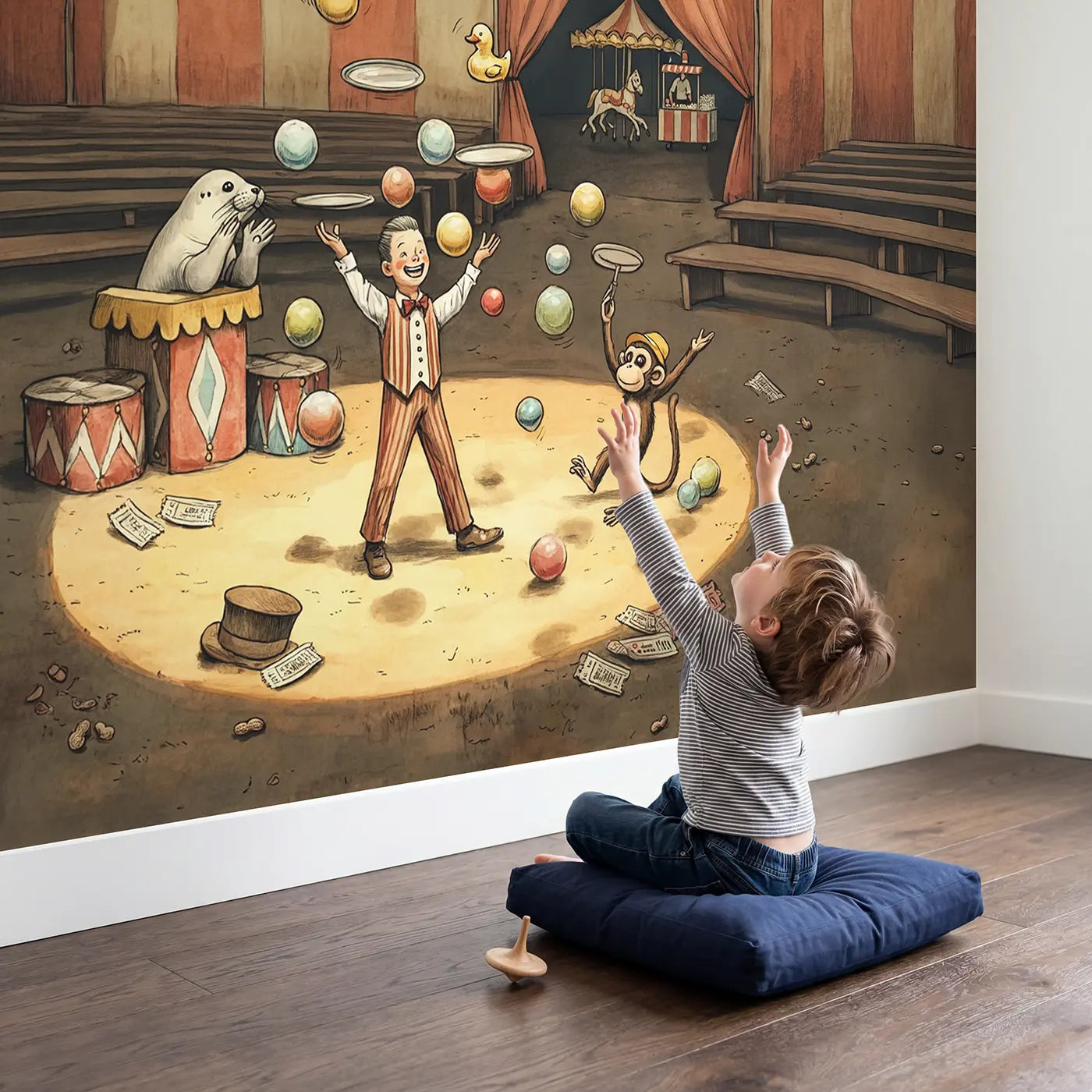 Child in nursery with Circus Juggler Spotlight Wallpaper Mural by Whimsy Tots