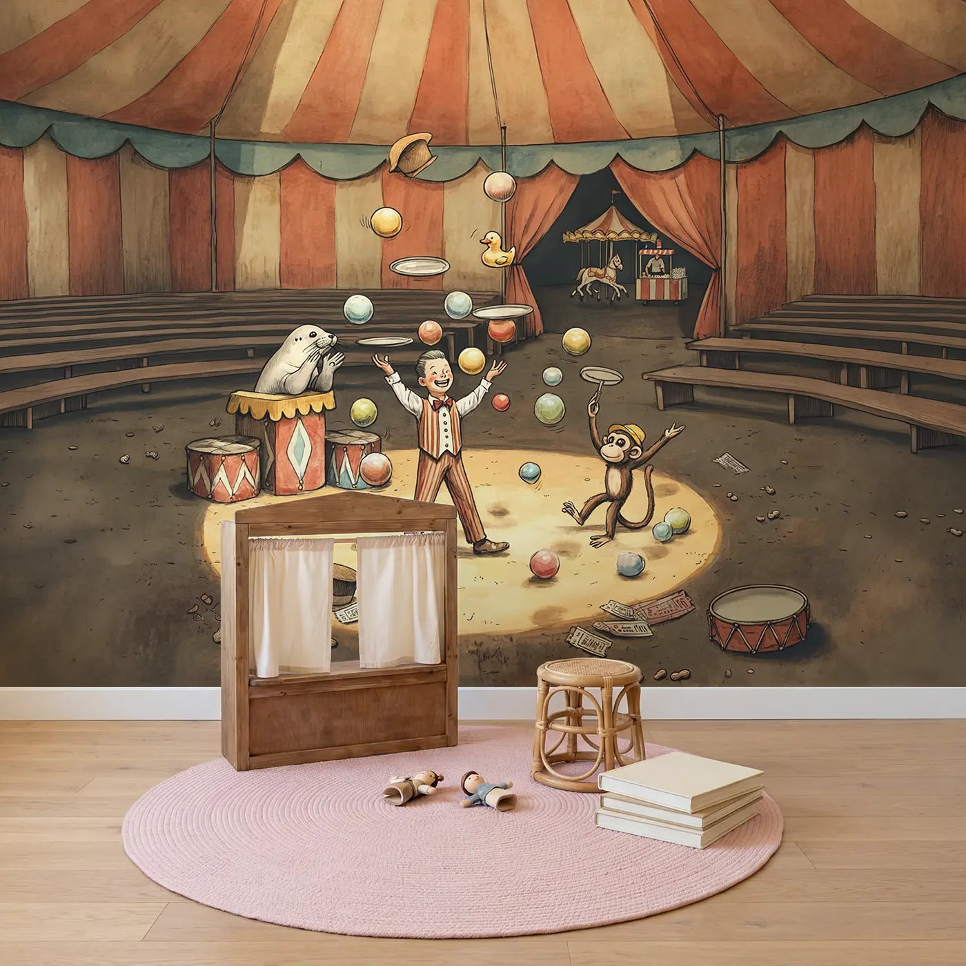 Circus Juggler Spotlight Wallpaper Mural in playroom setting by Whimsy Tots