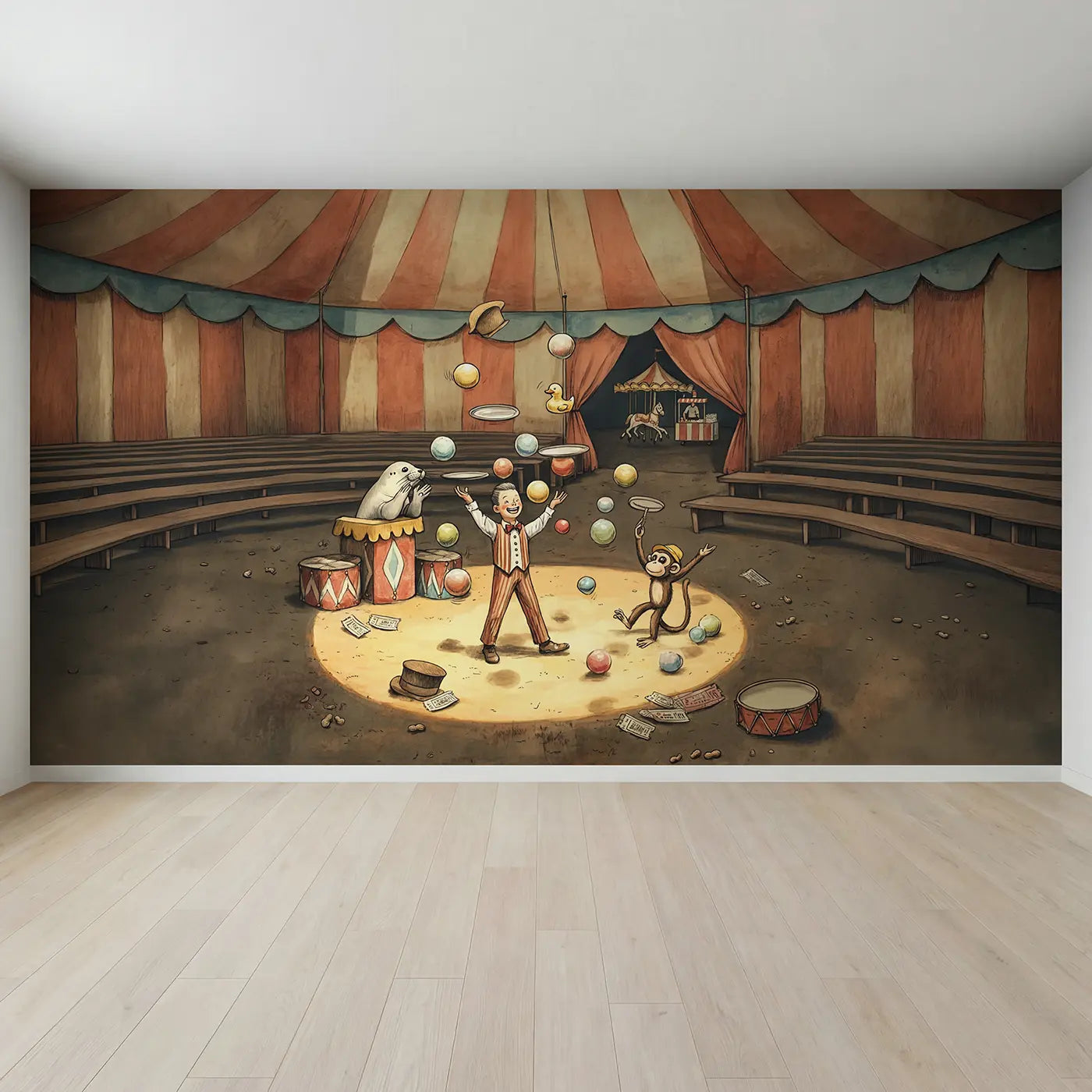 Full view of Circus Juggler Spotlight Wallpaper Mural by Whimsy Tots