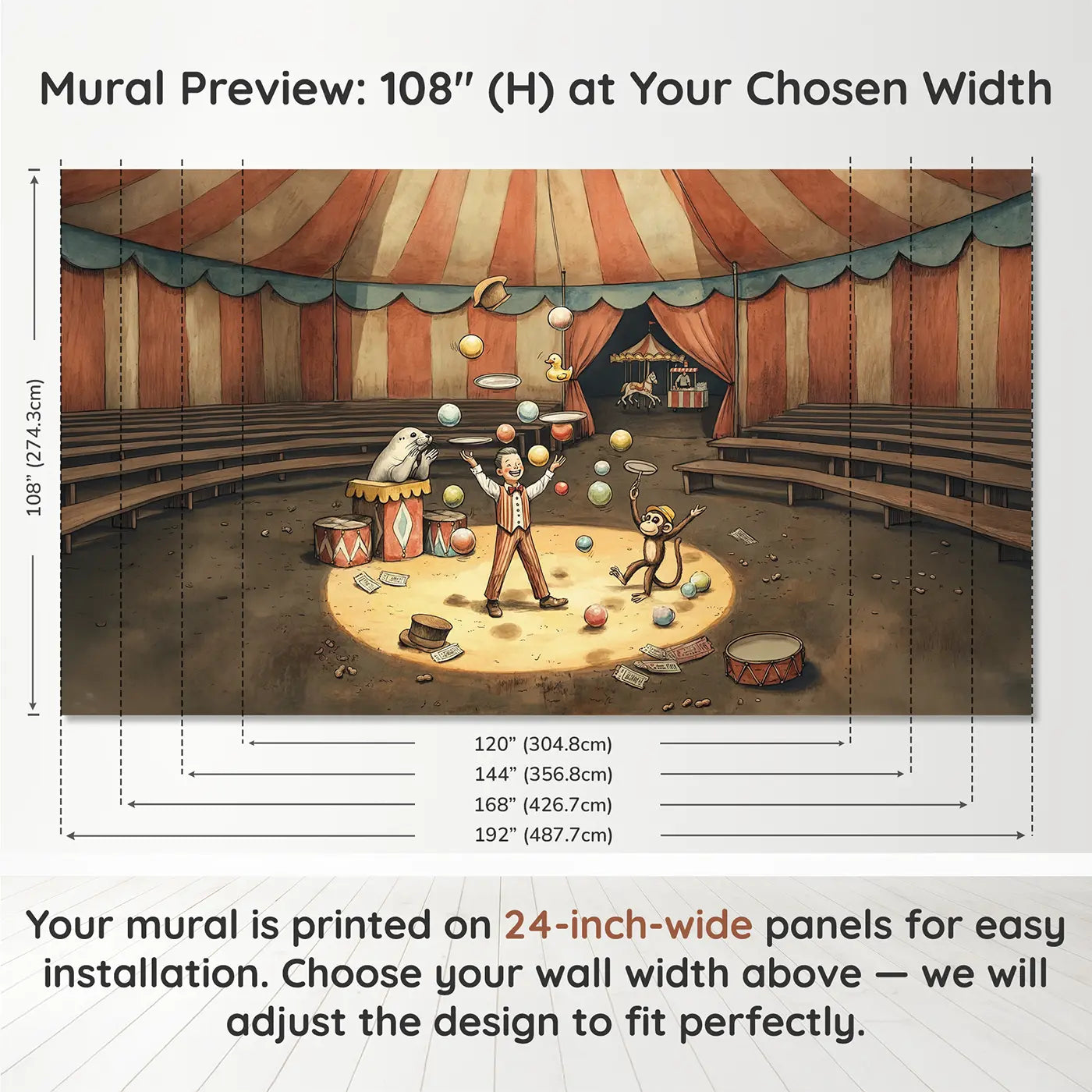 Panel layout and dimensions for Circus Juggler Spotlight Wallpaper Mural by Whimsy Tots
