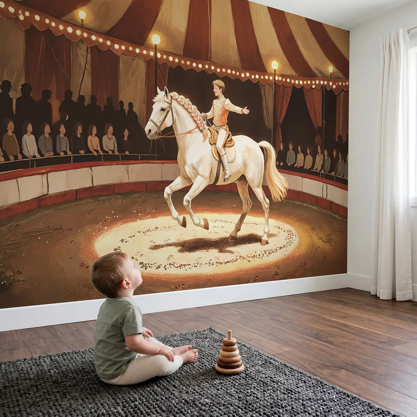 Child in nursery with Circus Horse Rider Spotlight Wallpaper Mural by Whimsy Tots