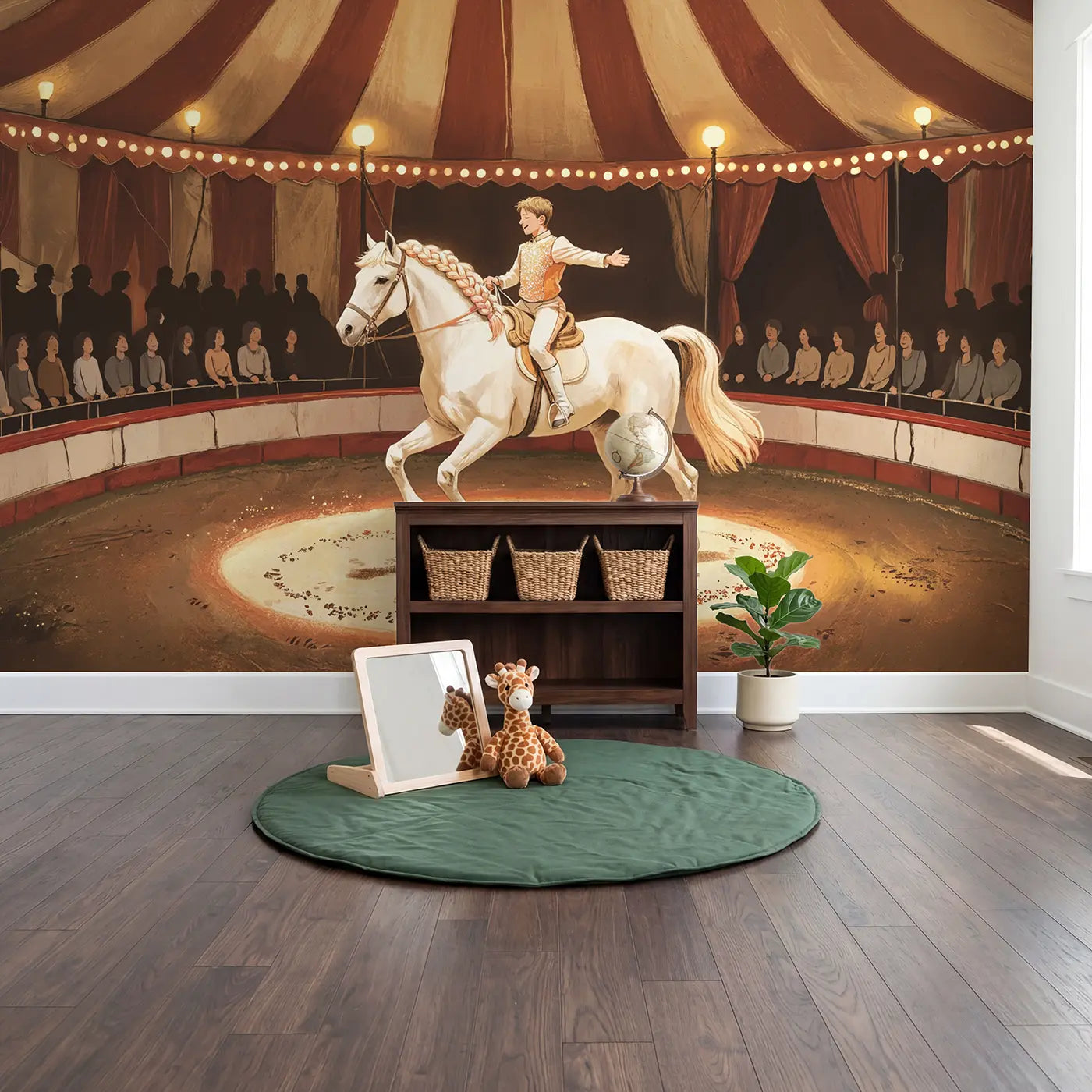 Circus Horse Rider Spotlight Wallpaper Mural in playroom setting by Whimsy Tots