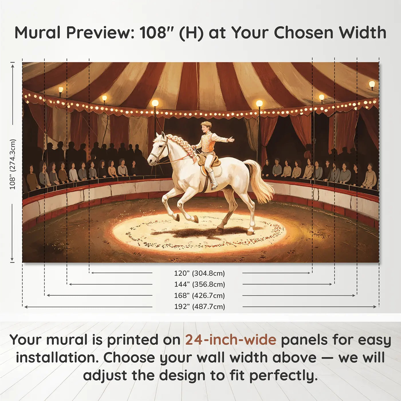 Panel layout and dimensions for Circus Horse Rider Spotlight Wallpaper Mural by Whimsy Tots