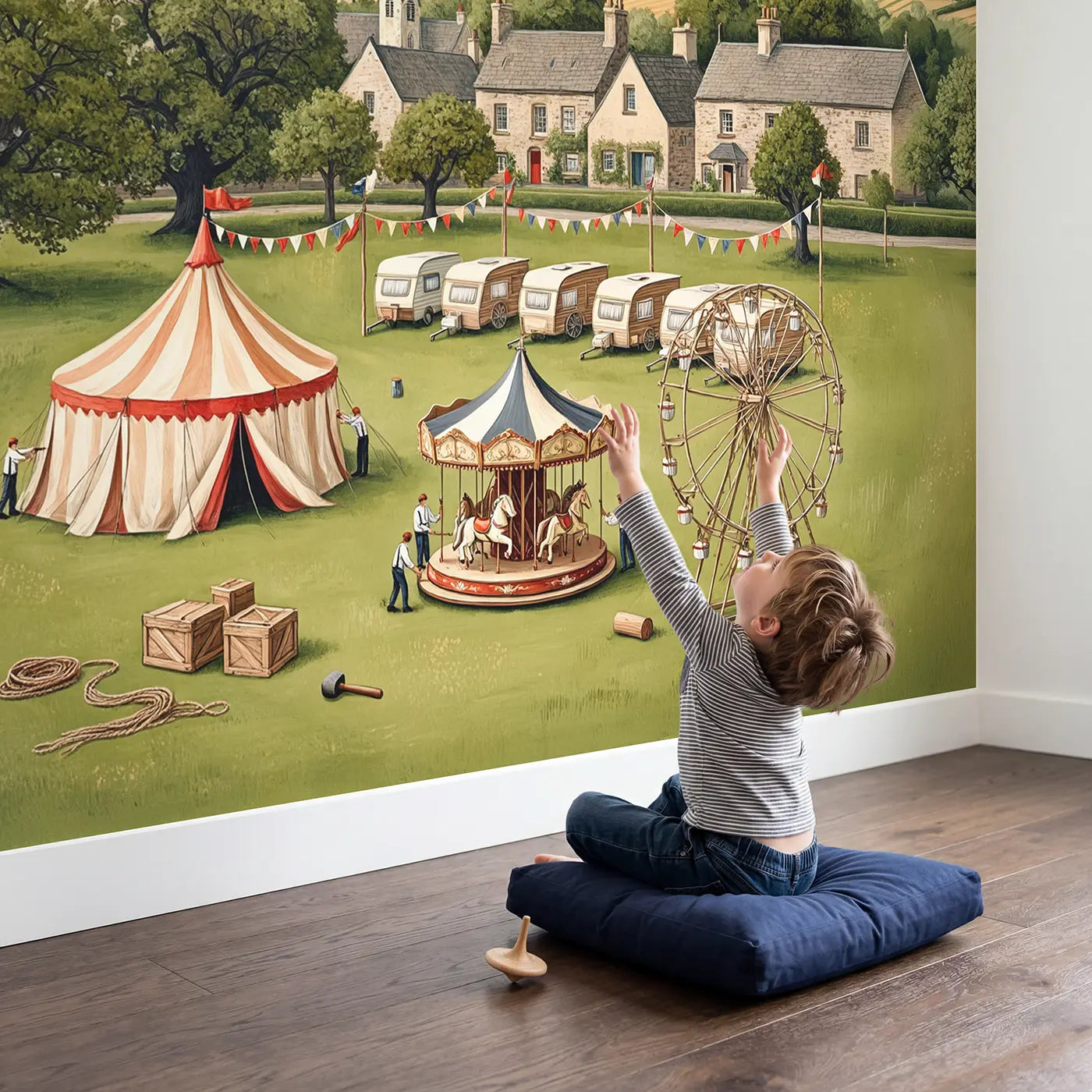 Child in nursery with Village Fair Setup Morning Wallpaper Mural by Whimsy Tots