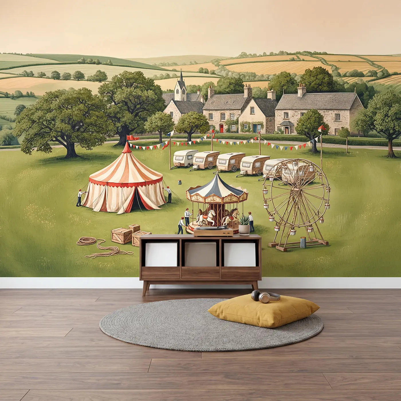 Village Fair Setup Morning Wallpaper Mural in playroom setting by Whimsy Tots