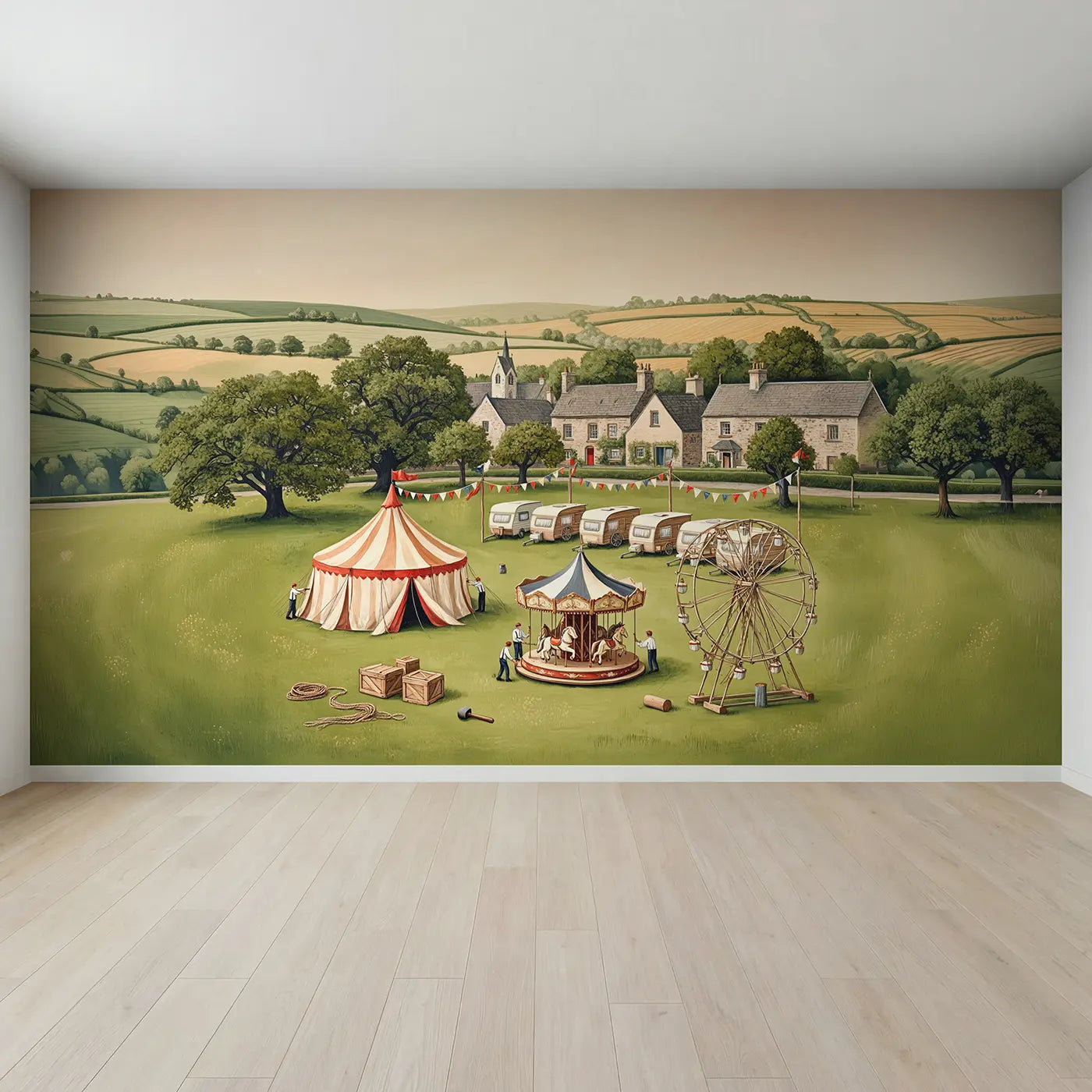 Full view of Village Fair Setup Morning Wallpaper Mural by Whimsy Tots