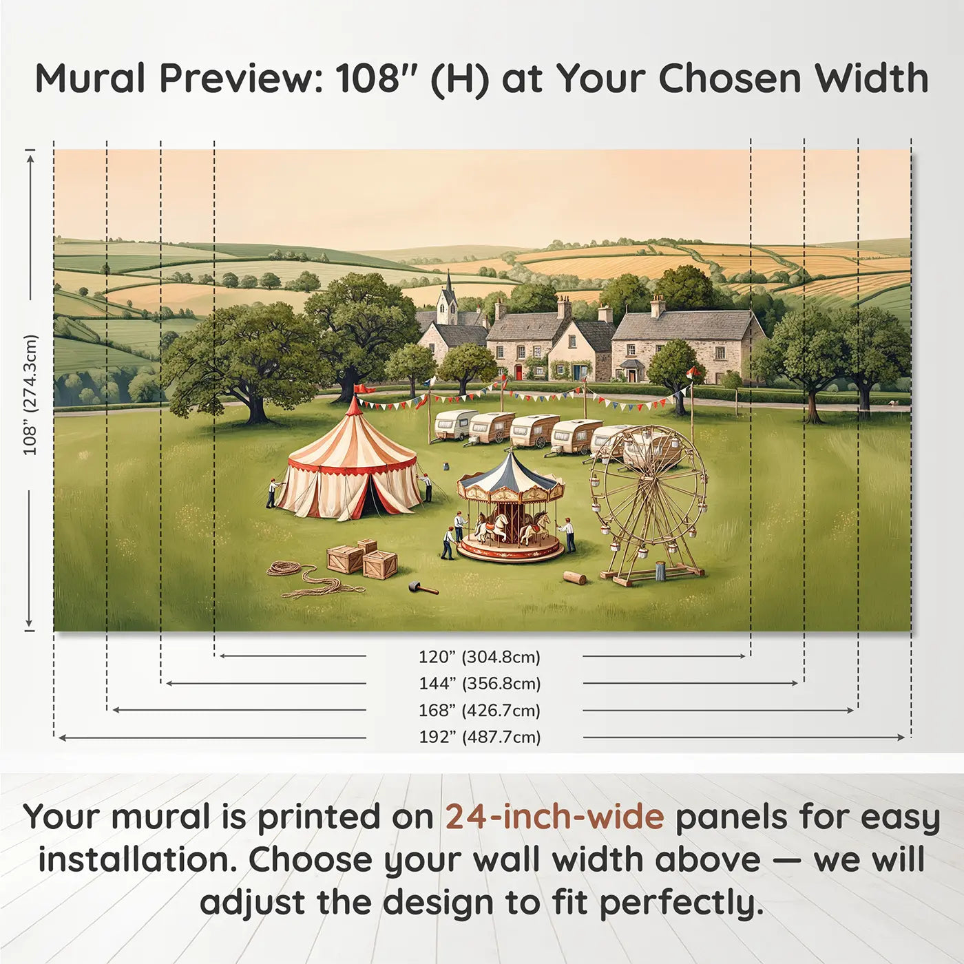 Panel layout and dimensions for Village Fair Setup Morning Wallpaper Mural by Whimsy Tots